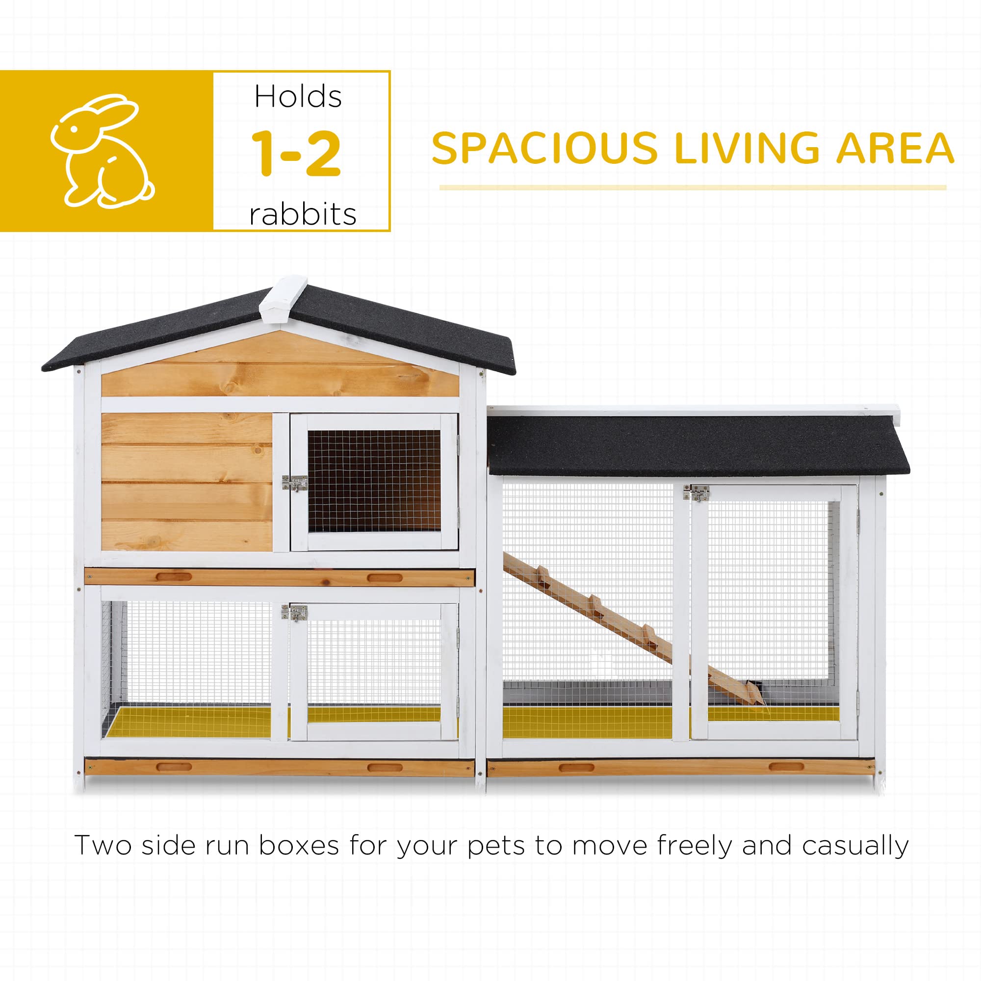 PawHut 62 Rabbit Hutch, Wooden Bunny Hutch, Guinea Pig Cage, Small Animal Enclosure with Run Area, Removable Tray, Asphalt Roof,