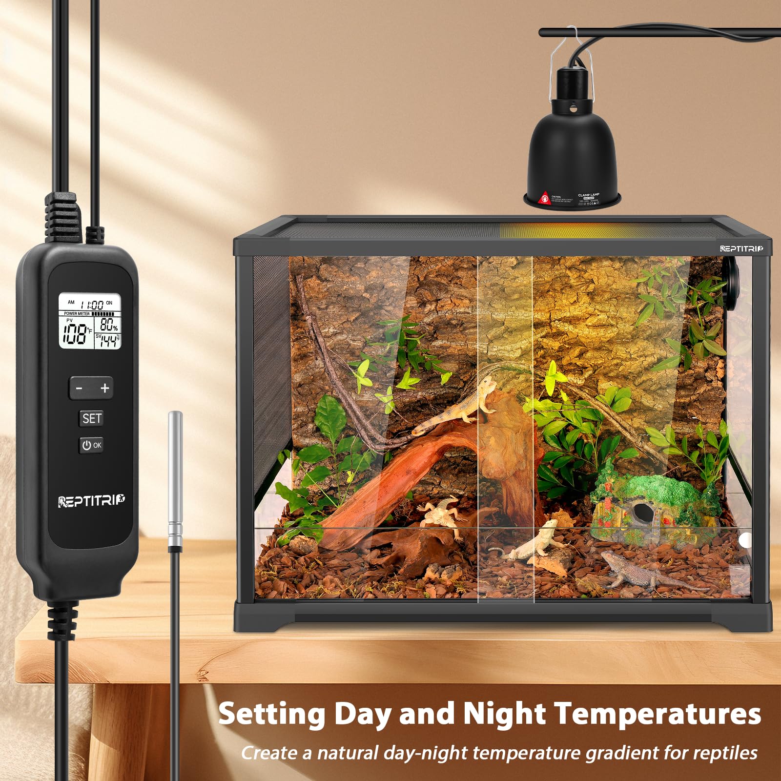 REPTITRIP 5.5 Inch Day-Night Thermostatic Reptile Heat Lamp Fixture - Black Aluminum, Model LFO5X, Max 100W (Bulb Not Included