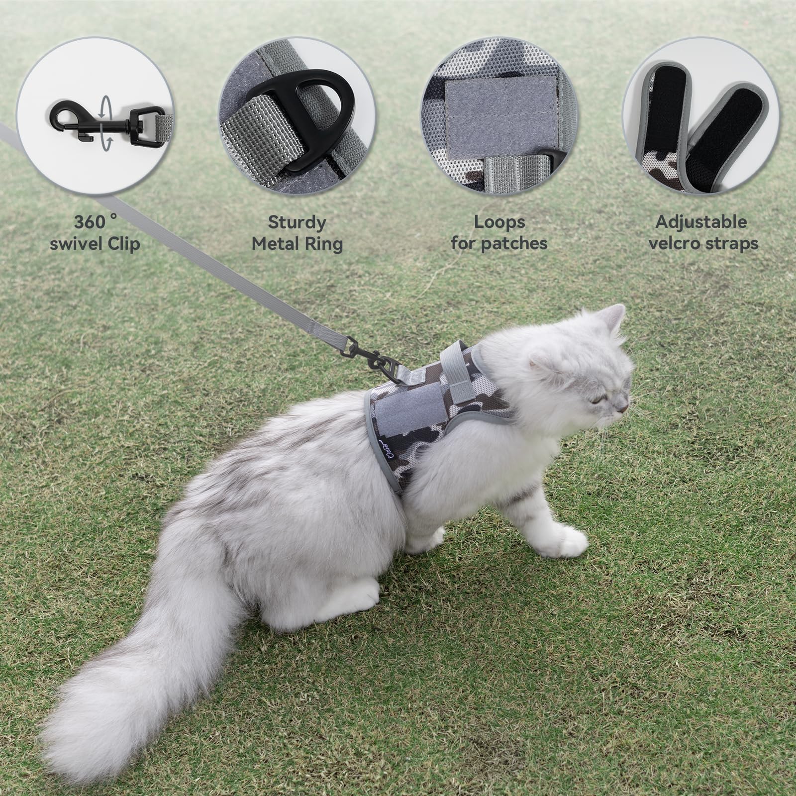 Tactical Kitty Harness and Leash for Walking Escape Proof Breathable Mesh Fabric, City Camo, X-Small, Adjustable Cat Walking Jac