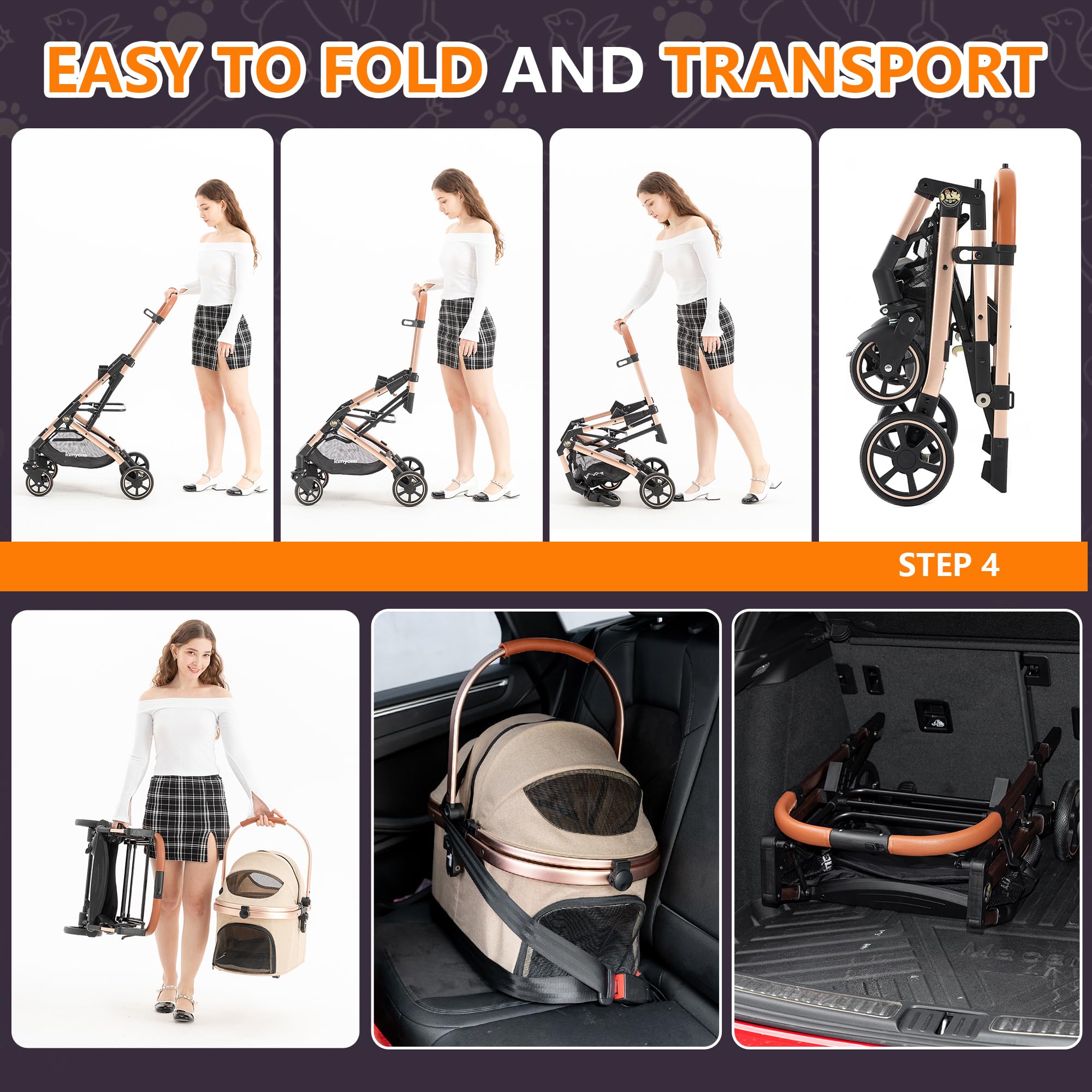 Kenyone 3-In-1 Pet Stroller For Small Medium Dogs Puppy Cat Stroller With Detachable Carrier & Pad Lightweight Foldable Aluminum
