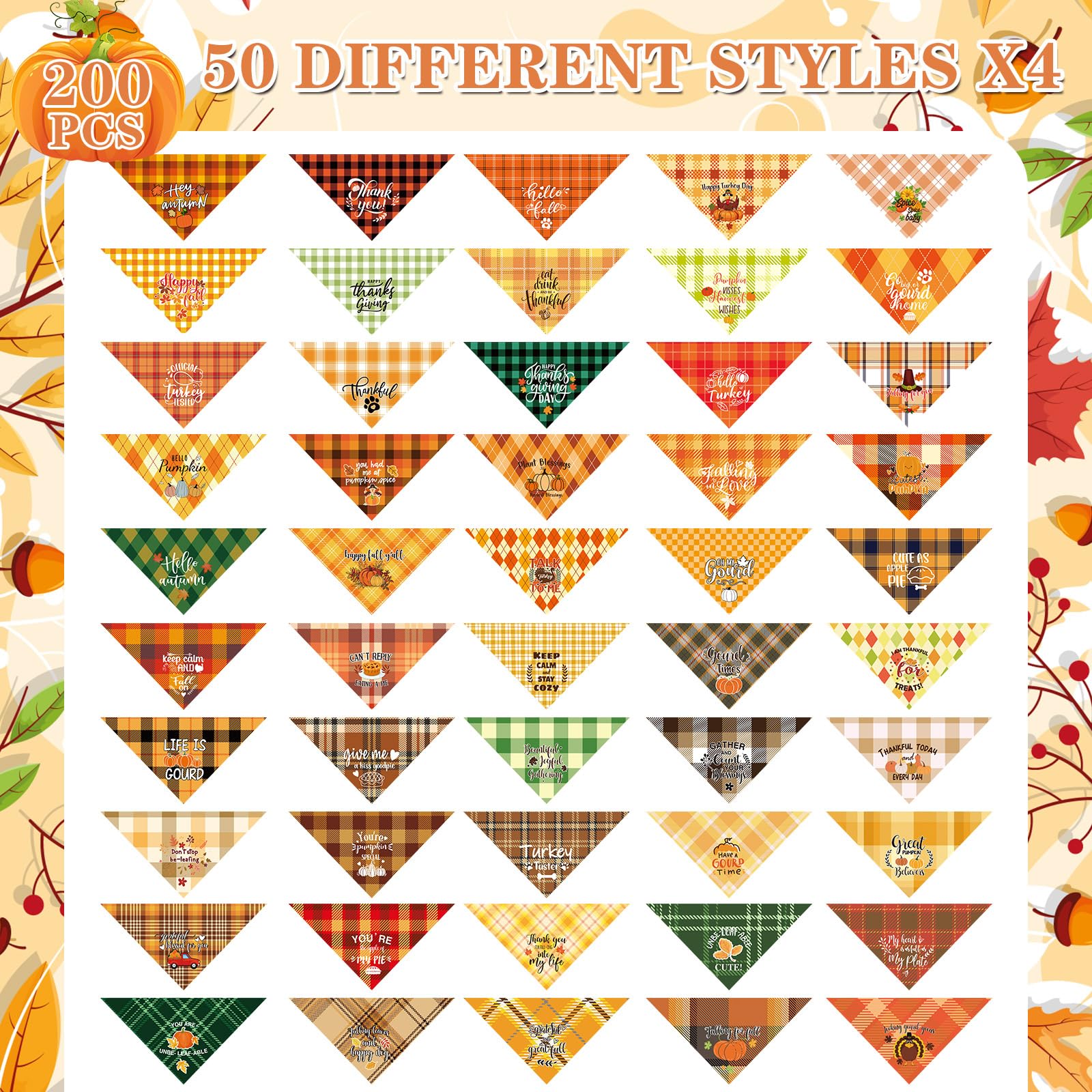 Preboun 200 Pcs Fall Plaid Dog Bandanas Bulk Dog Holiday Scarf Bibs Puppy Bandanas Adjustable Washable Kerchief Pet Costume Acce