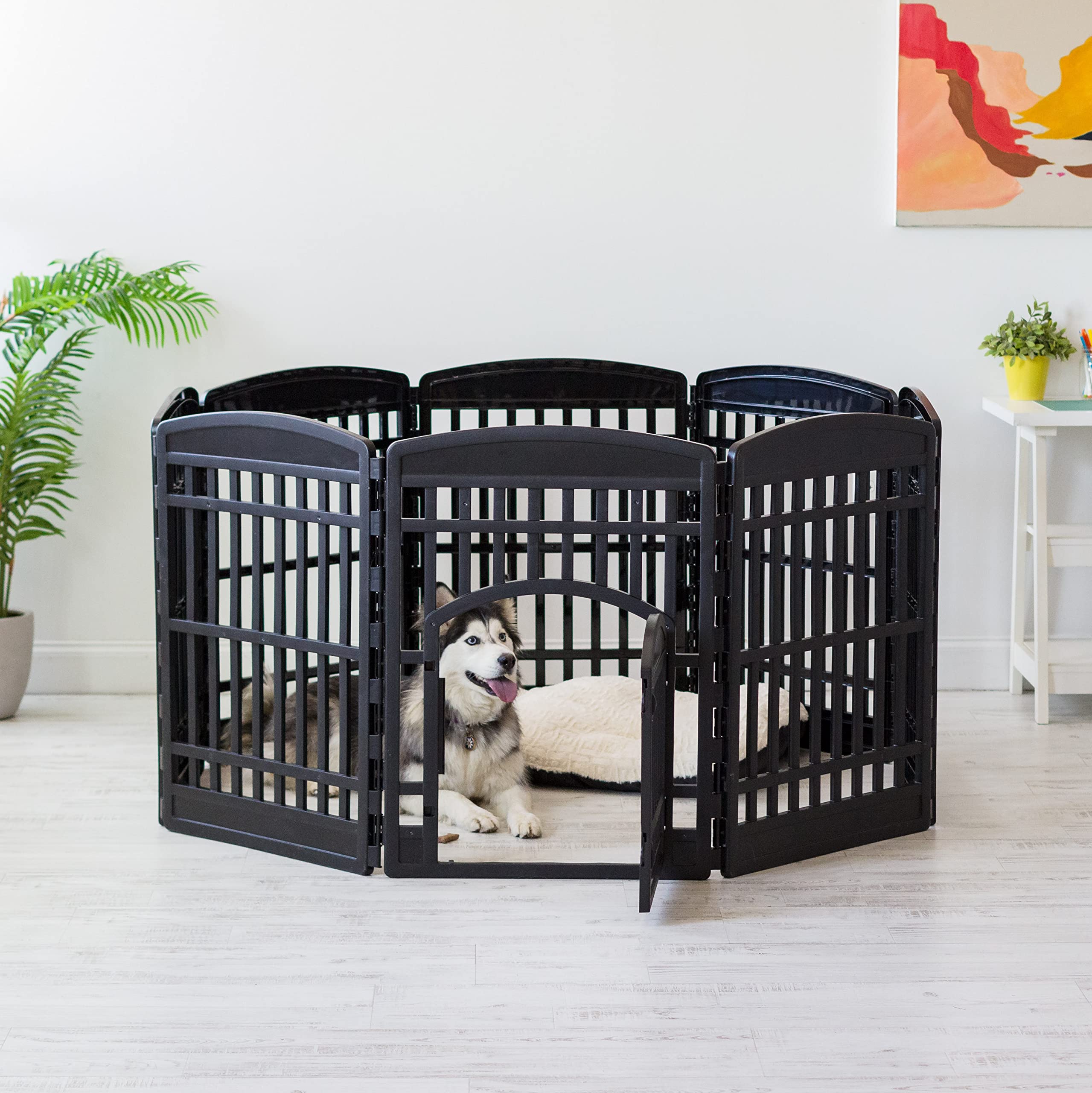 Iris Usa 34' Exercise 8-Panel Pet Playpen With Door, Dog Playpen, For Medium And Large Dogs, Keep Pets Secure, Easy Assemble, Fold It Down, Easy Storing, Customizable, Black