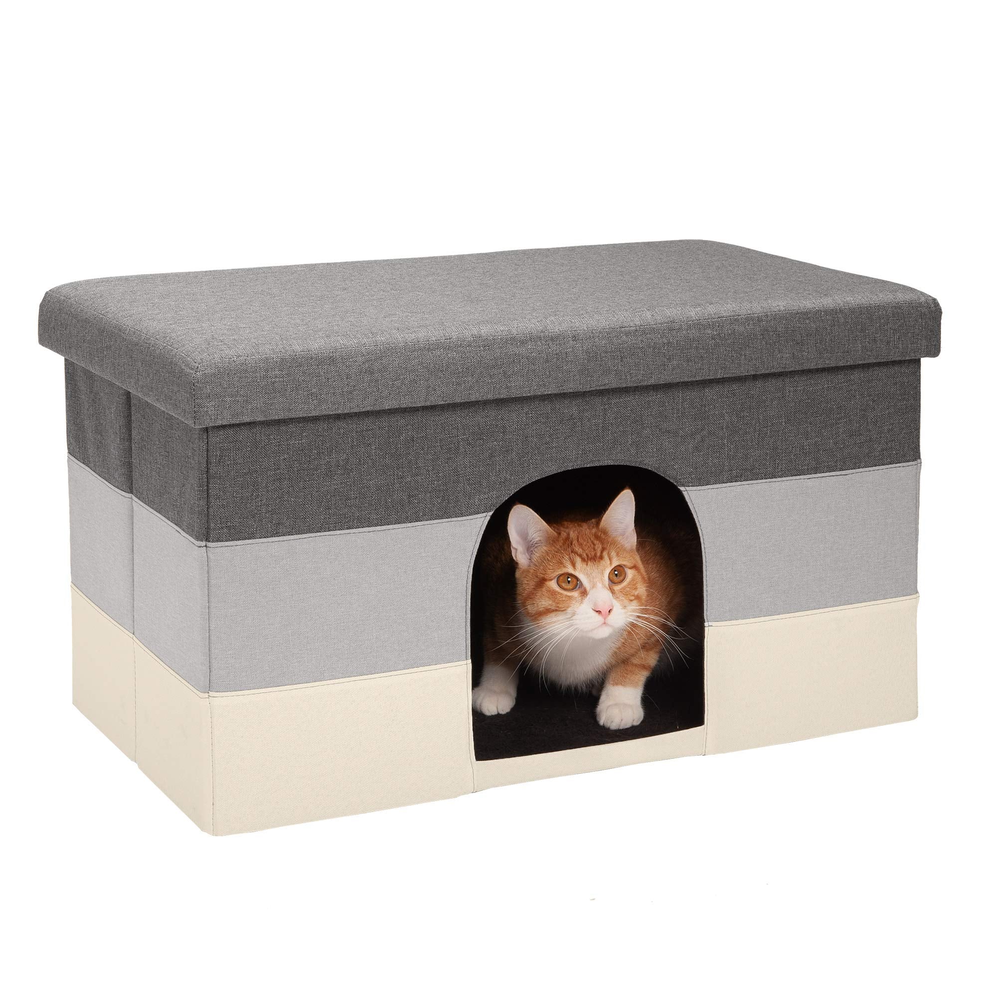 Furhaven Large Pet House Collapsible Ottoman-Footstool Condo Pet Bed - Hygge Stripe (Gray/Cream), Large