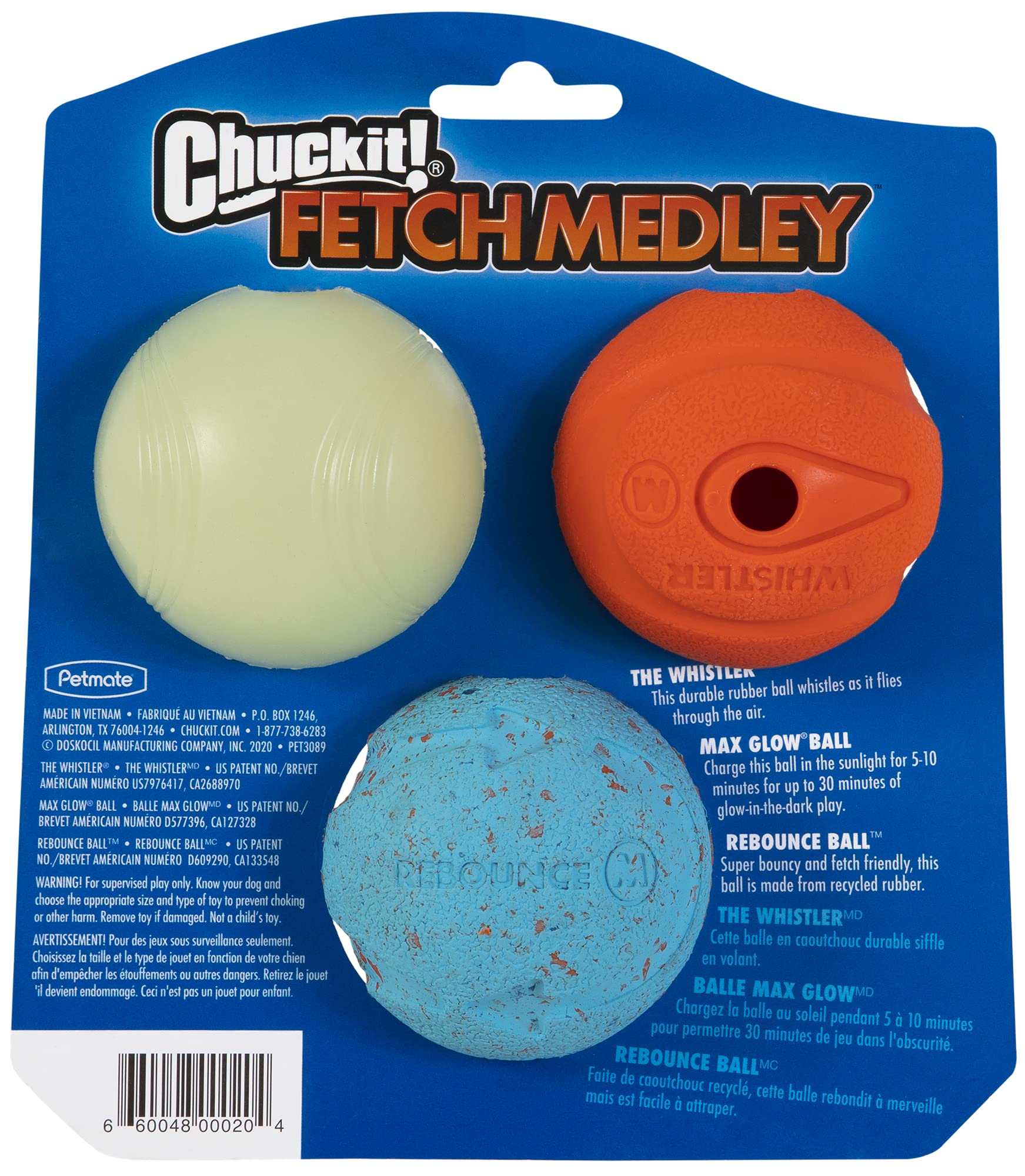 Chuckit! Fetch Medley Dog Ball Dog Toys, Medium (2.5 Inch) Pack Of 3, For Medium Breeds, Includes Whistler, Max Glow And Rebounc