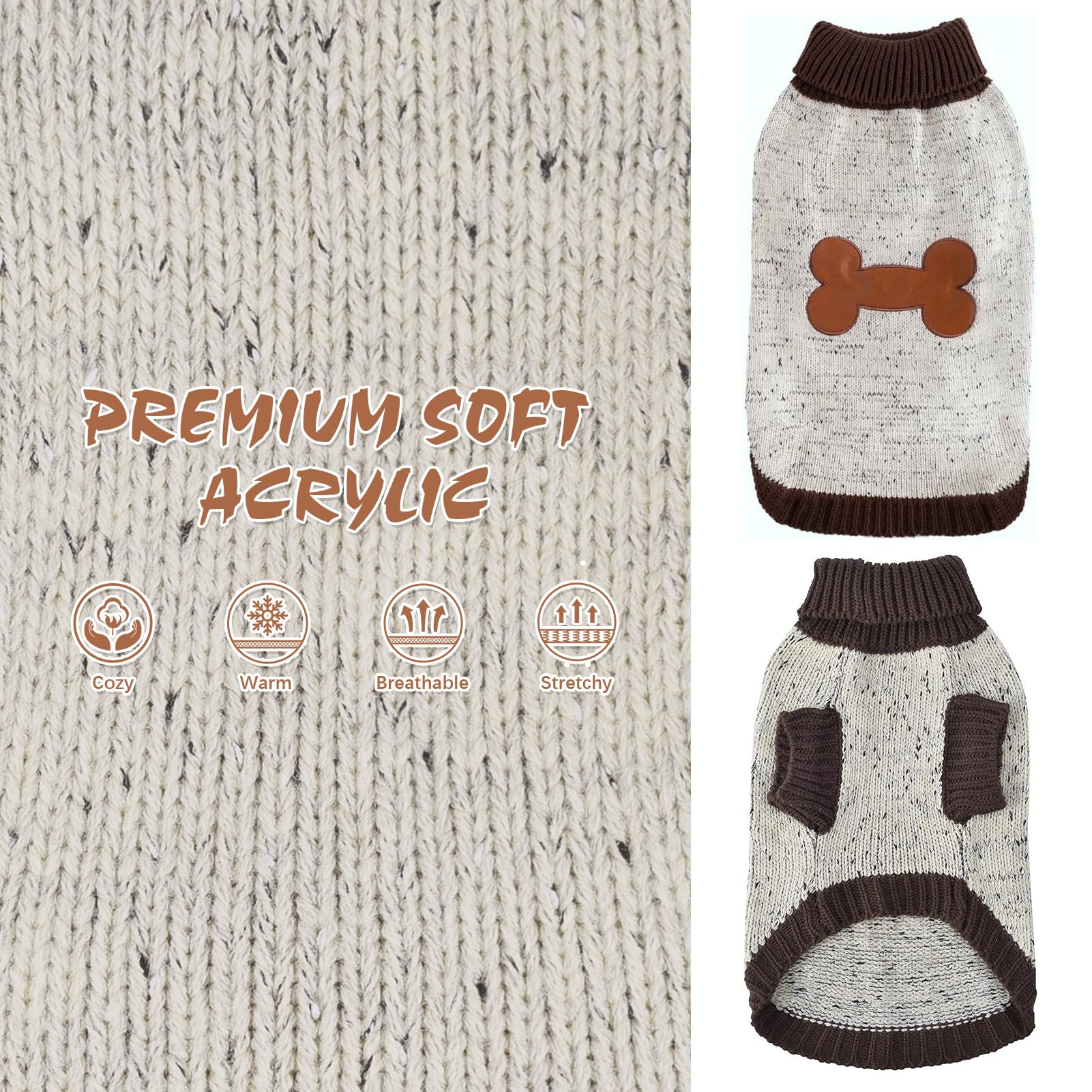 Bingpet Turtle Neck Knitted Dog Sweater,Dog Sweaters For Small Medium Large Dogs With Brown Bone Pattern,Puppy Winter Warm Cloth
