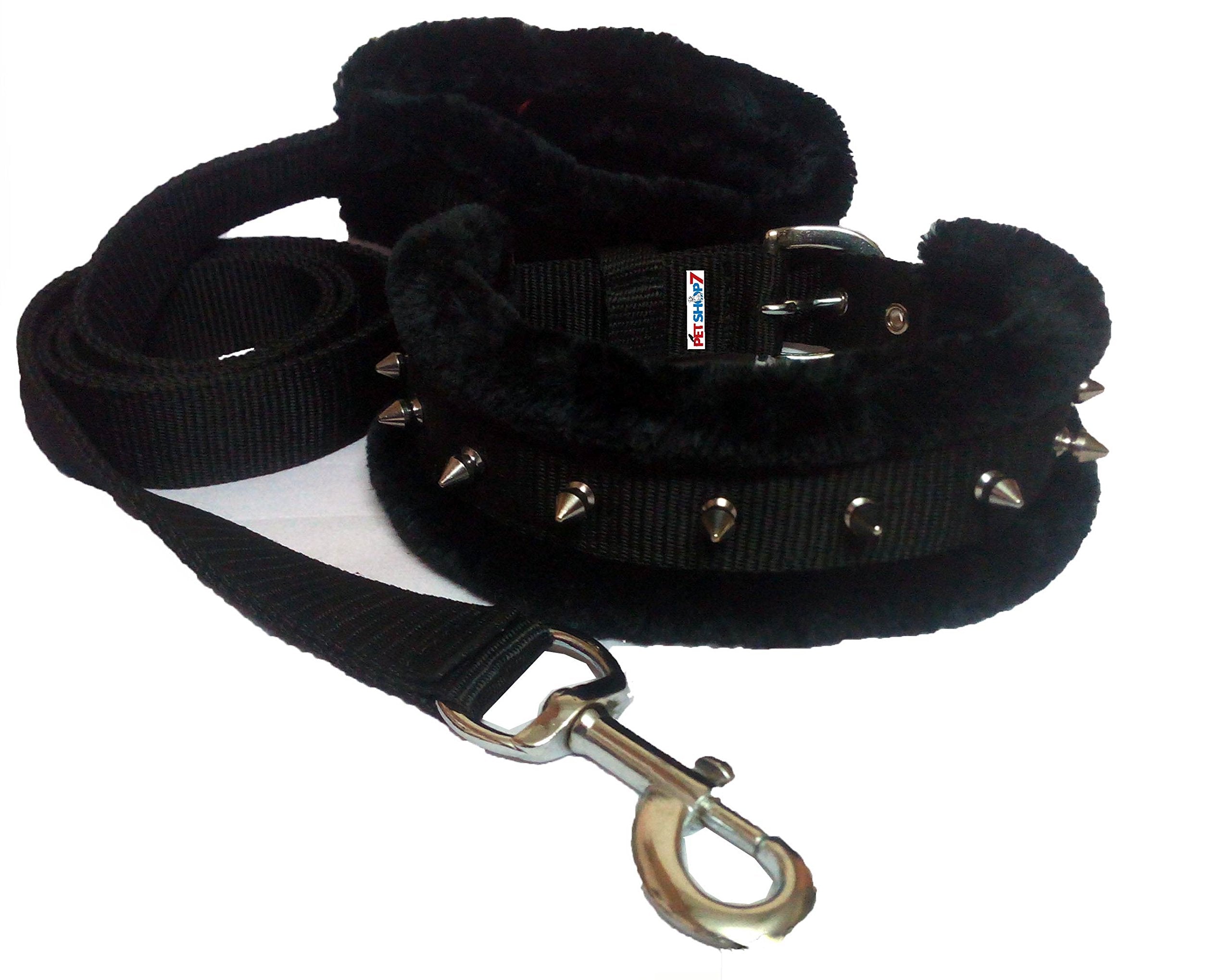 Petshop7 Nylon Fur Padded Spike Dog Collar & Dog Leash  Medium (Adjustable Neck Size : 1417Inch) Black