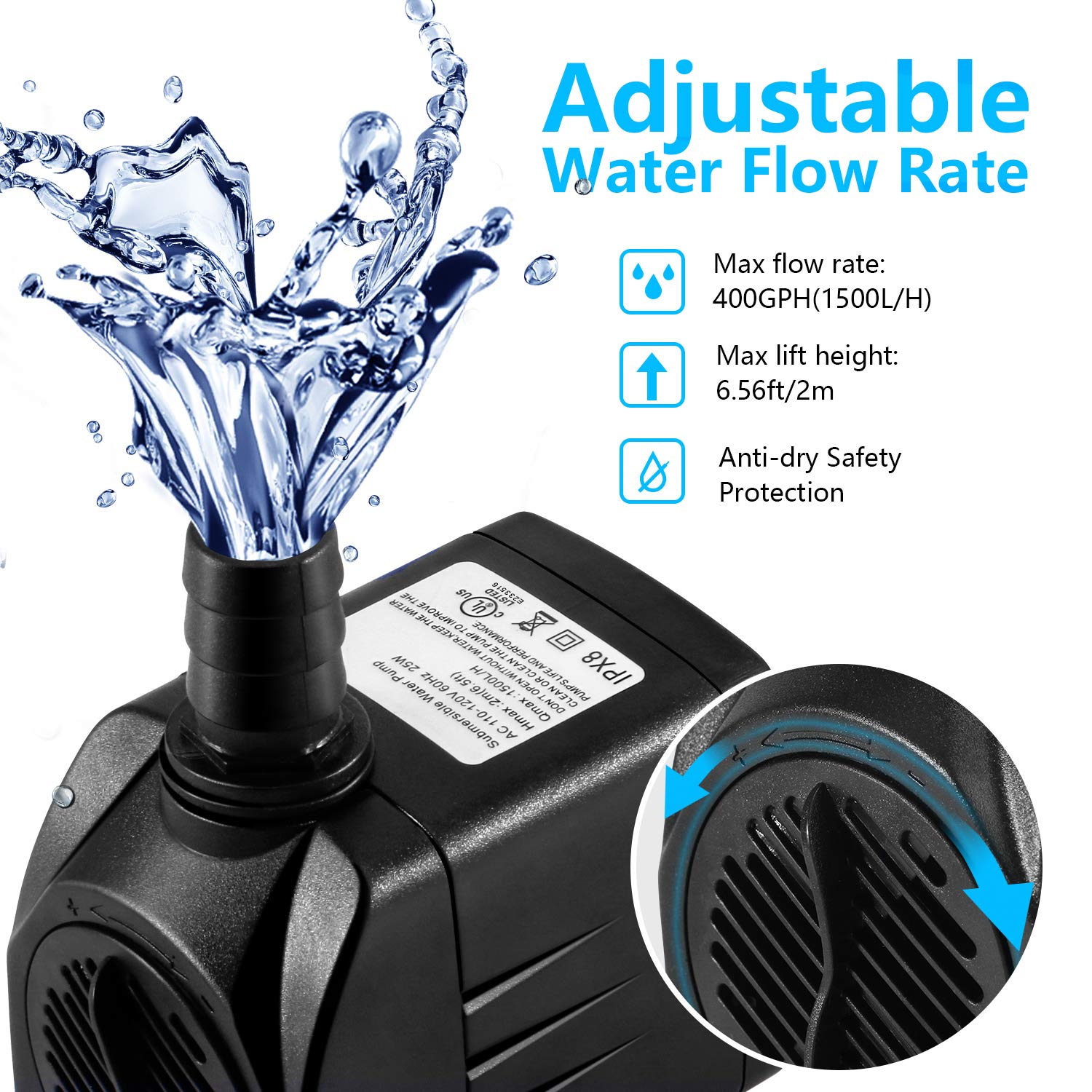 CWKJ Fountain Pump, 2 Packs 400GPH(25W 1500L/H) Submersible Water Pump, Durable Outdoor Fountain Water Pump with 6.5ft Tubing (I