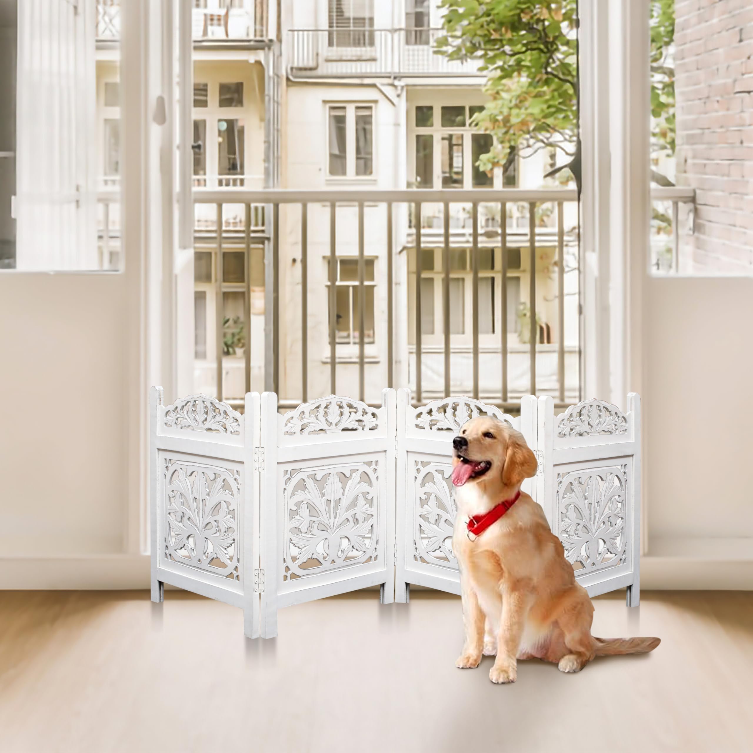 Wooden Foldable Pet Dog Safety Gate - 4 Panels 72' Wx24 H- Hand Carved Solid Wood And Mdf Head Gamla - Free Standing Portable I