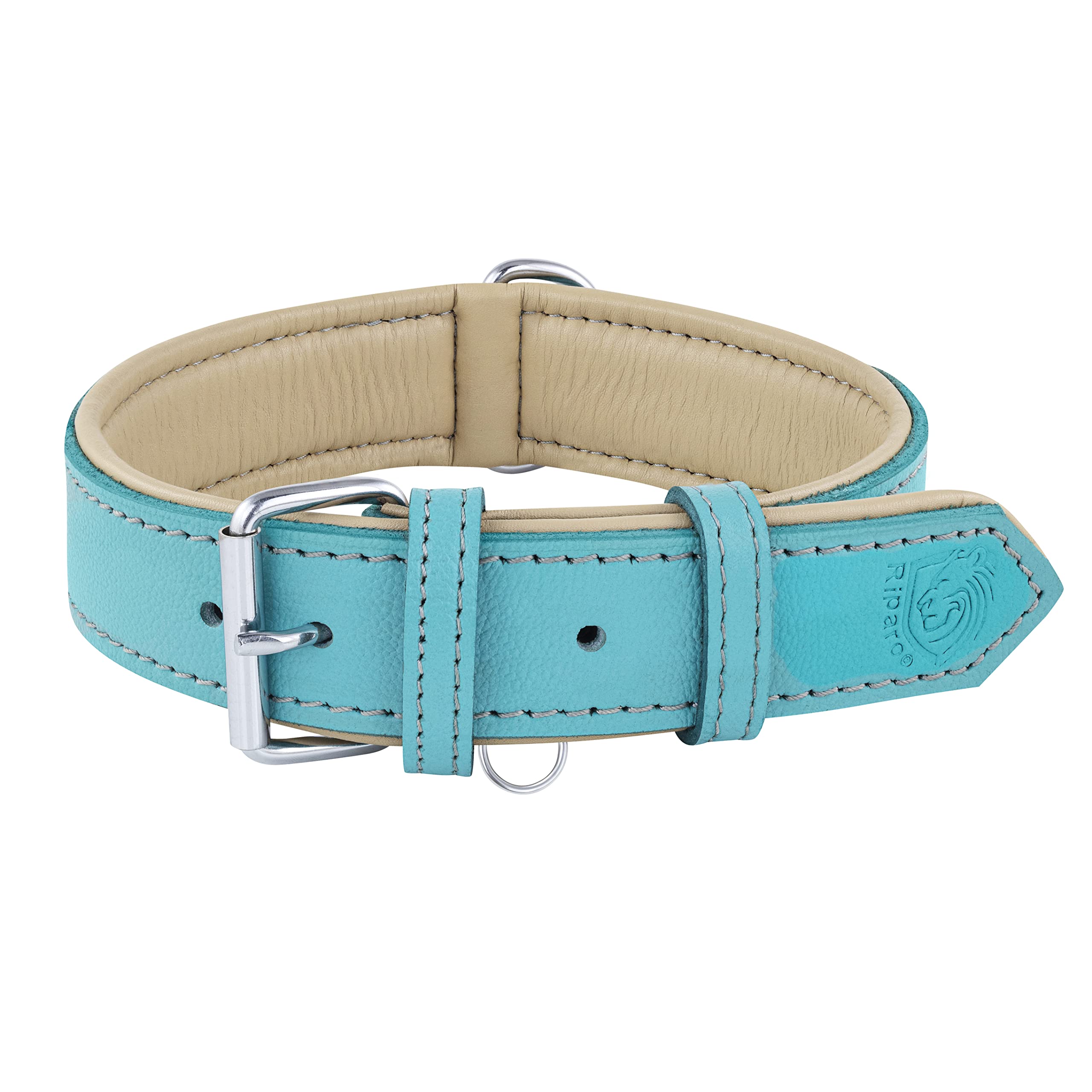 Riparo Medium Dog Collar, Genuine Leather Dog Collar, Dog Collars For Medium Dogs (M, Gray/White Thread)
