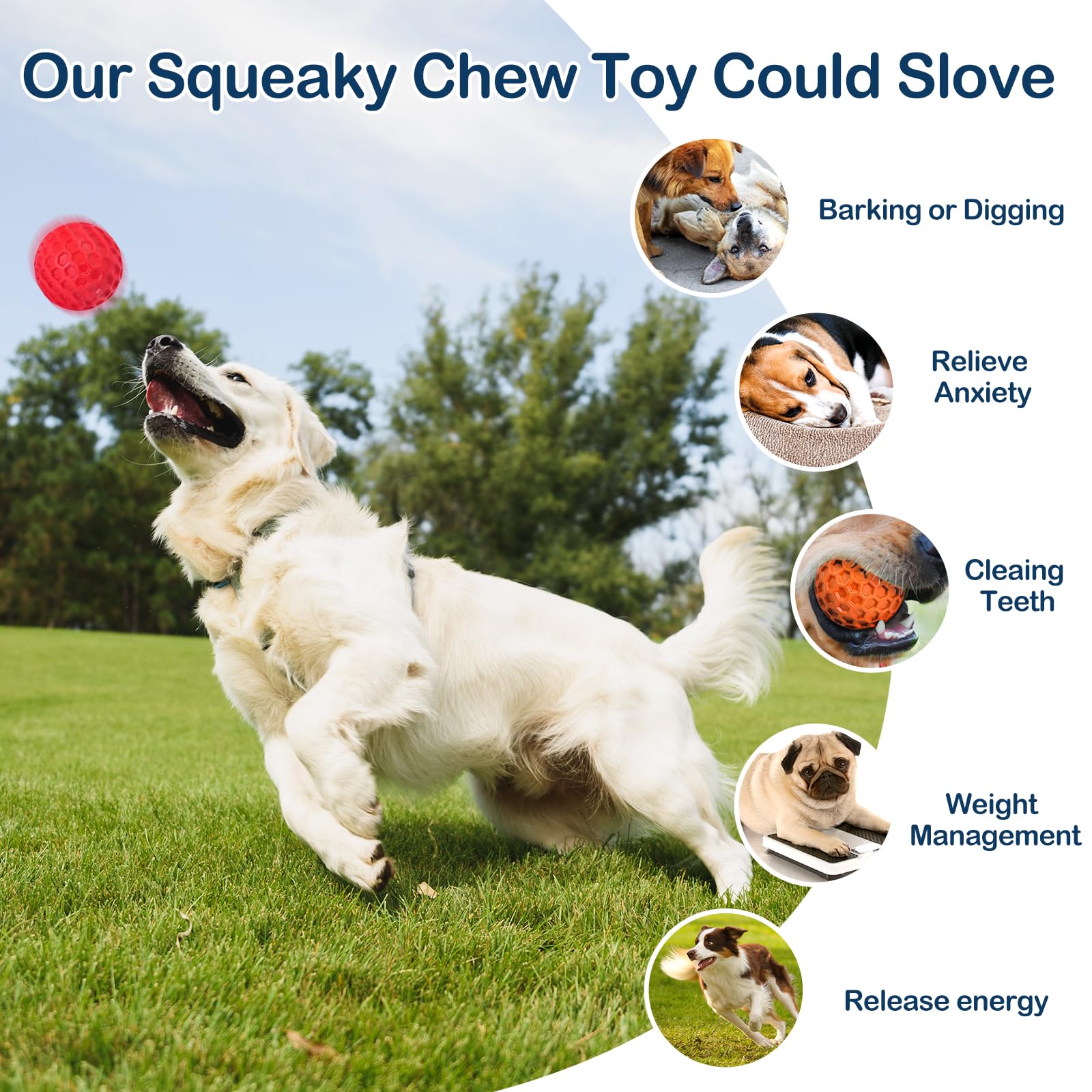 Cheodin 2 Pack Indestructible Squeaky Dog Balls For Aggressive Chewers, Durable Rubber Chew Toys For Teething, Anxiety Relief Pe
