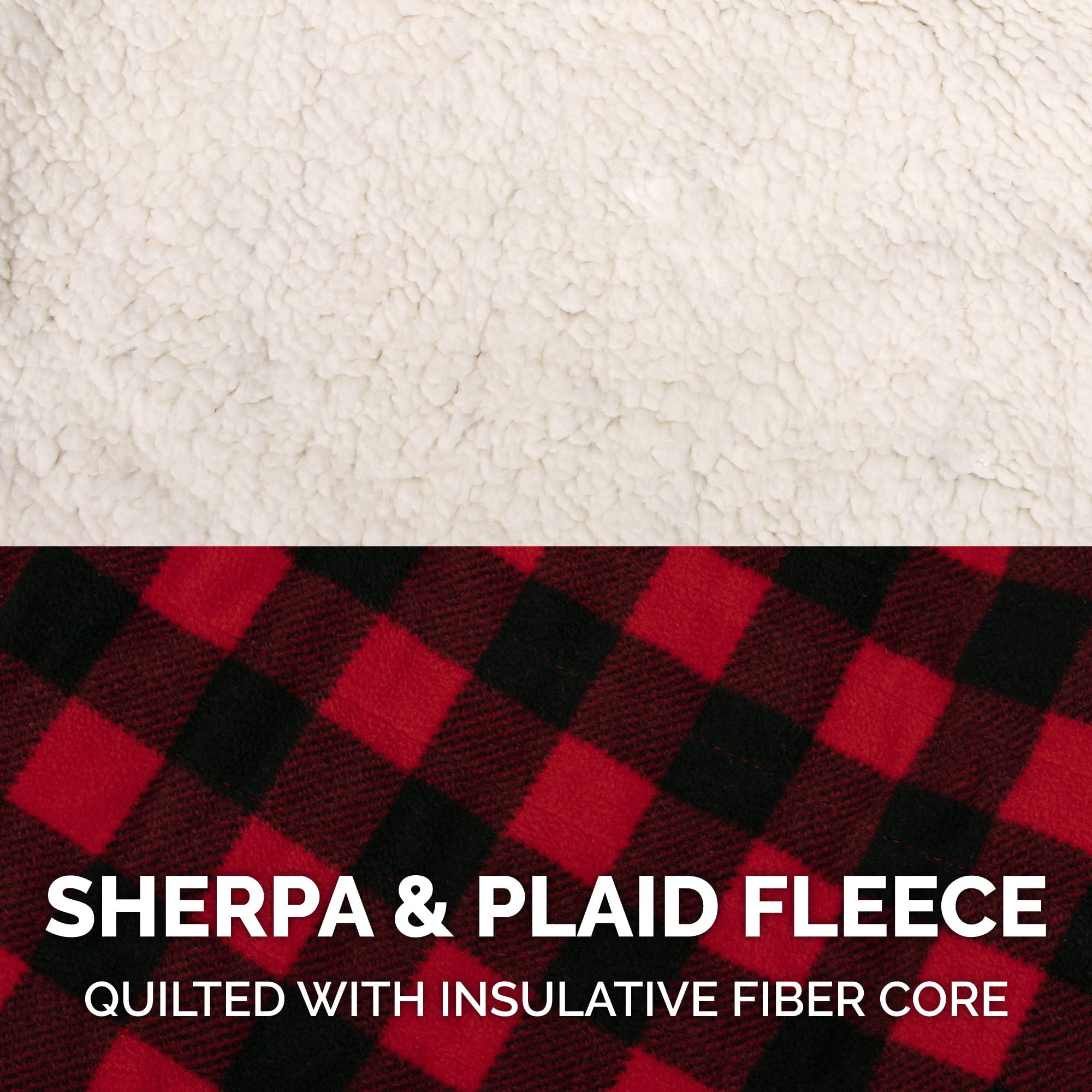 Furhaven Reversible Large Dog Coat, Washable & Insulating W/ Leash Access - Sherpa & Plaid Fleece Flex-Fit Jacket - Cream/Red, Large