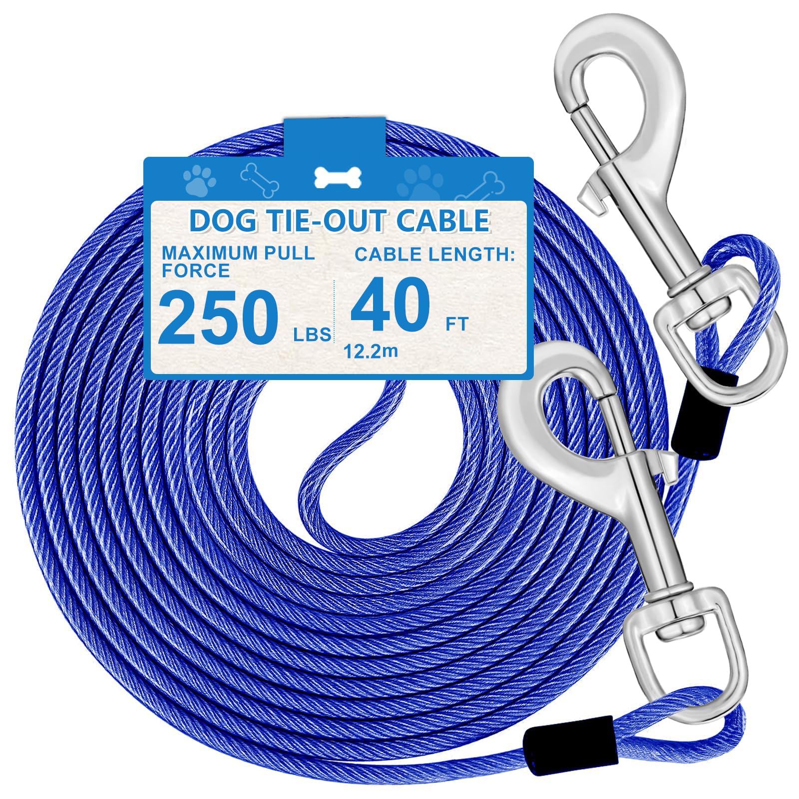 40Ft Dog Tie Out Cable, Dog Leash Heavy Duty Tie Out Cable For Large Dogs Up To 250Lbs Pull Force, Dogs Runner For Yard Outdoor 