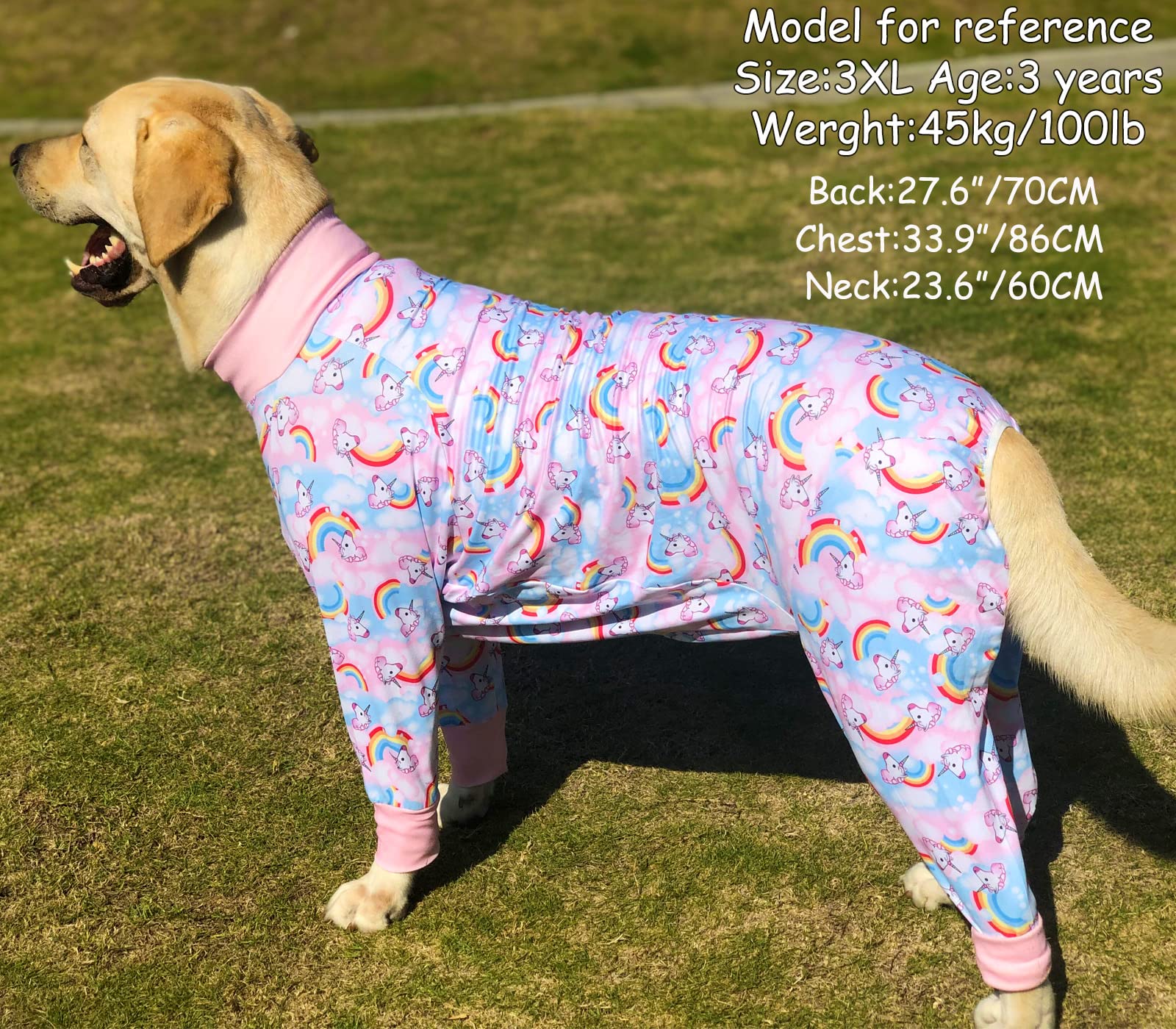 Pripre Unicorn Printed Long Sleeve Shirts Soft Pajamas Onesie Jumpsuit Prevent Licking Shedding Suit For Large Dogs (Pink, 3Xl)