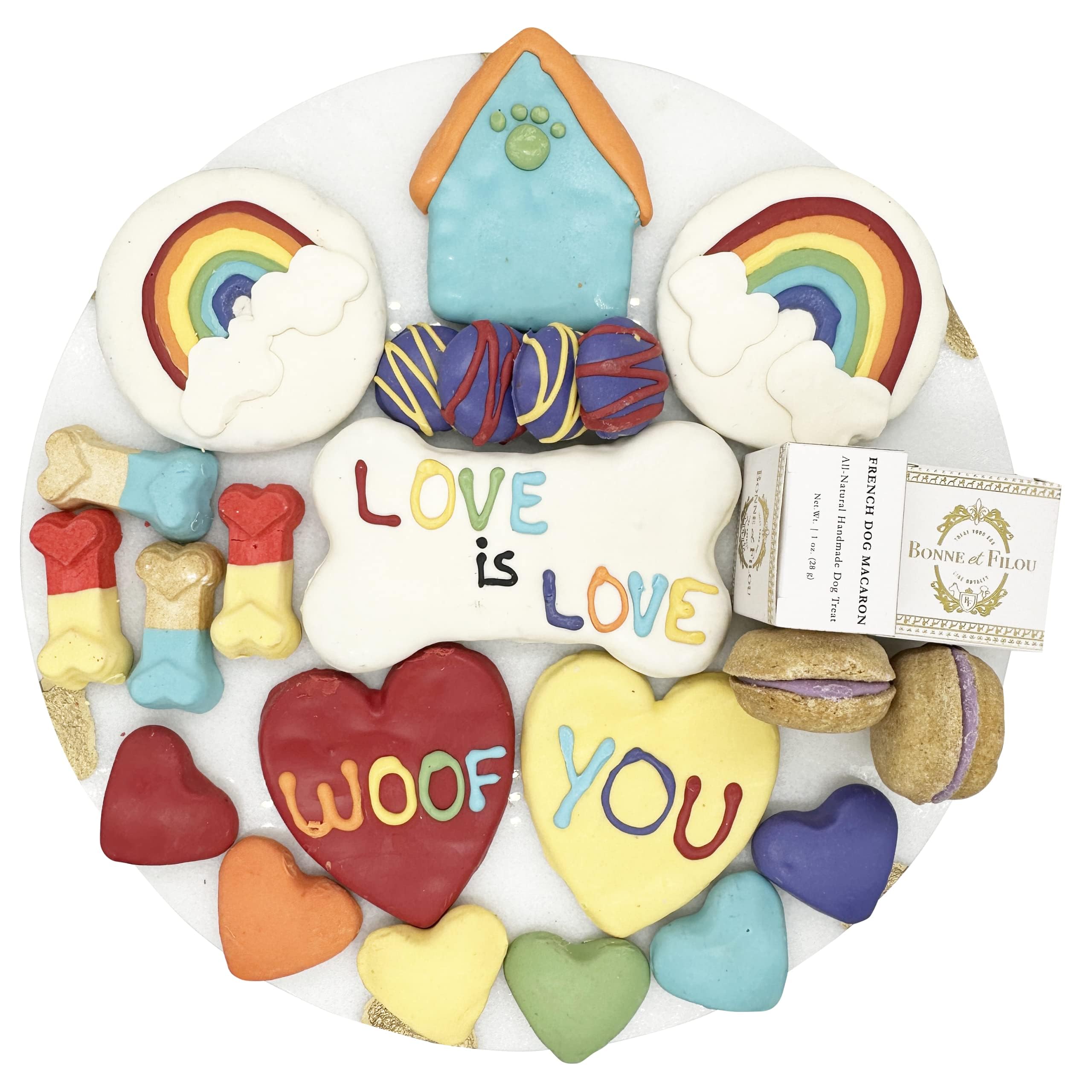 Bonne et Filou Pride Themed Human Grade Gourmet Dog Treats Gift Box 22 Luxury Snacks with Macarons, Truffles & Bone Cookies Heal