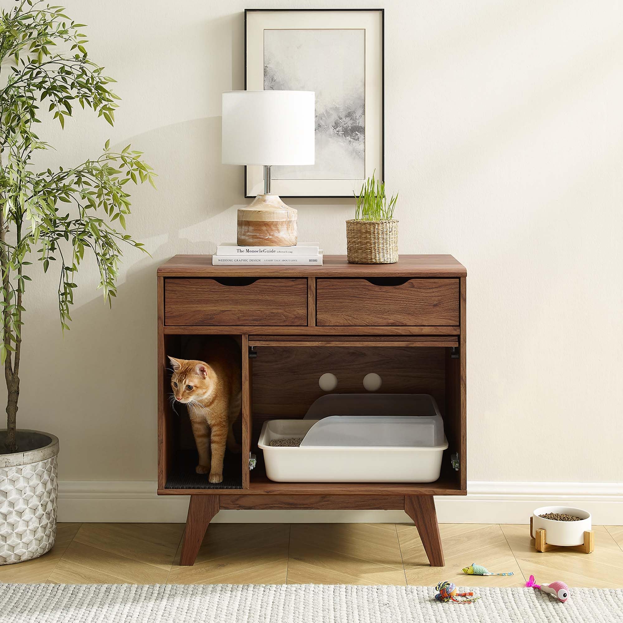Modway Render Cat Cabinet, Walnut Wood, Model EEI-6796-WAL, Stylish Storage Solution