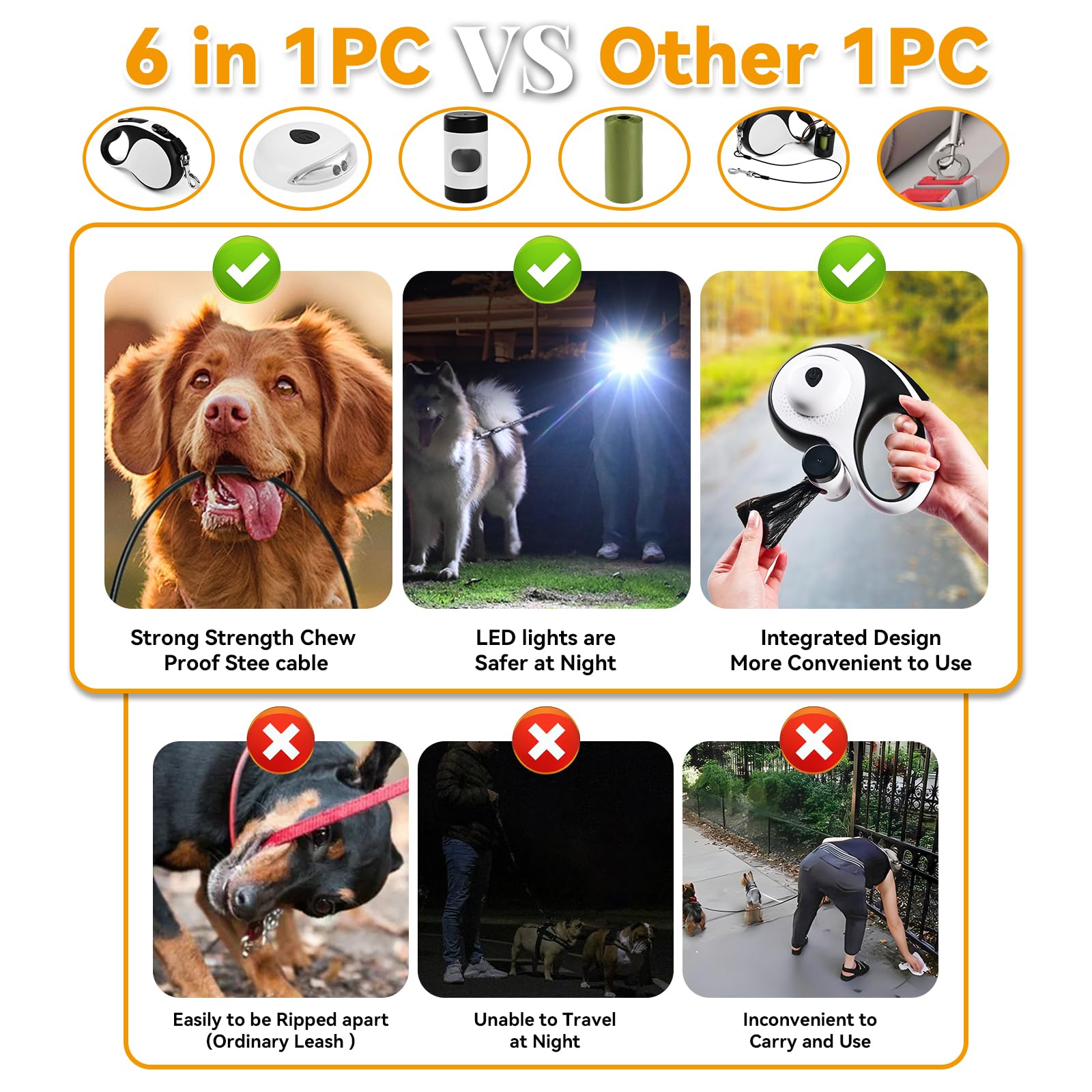 Odriew Retractable Dog Leash For Small Dogs-Medium Pet, 16Ft For Dog Up To 75Lbs, With Chew Proof Cable, Led Light, Dispenser, P