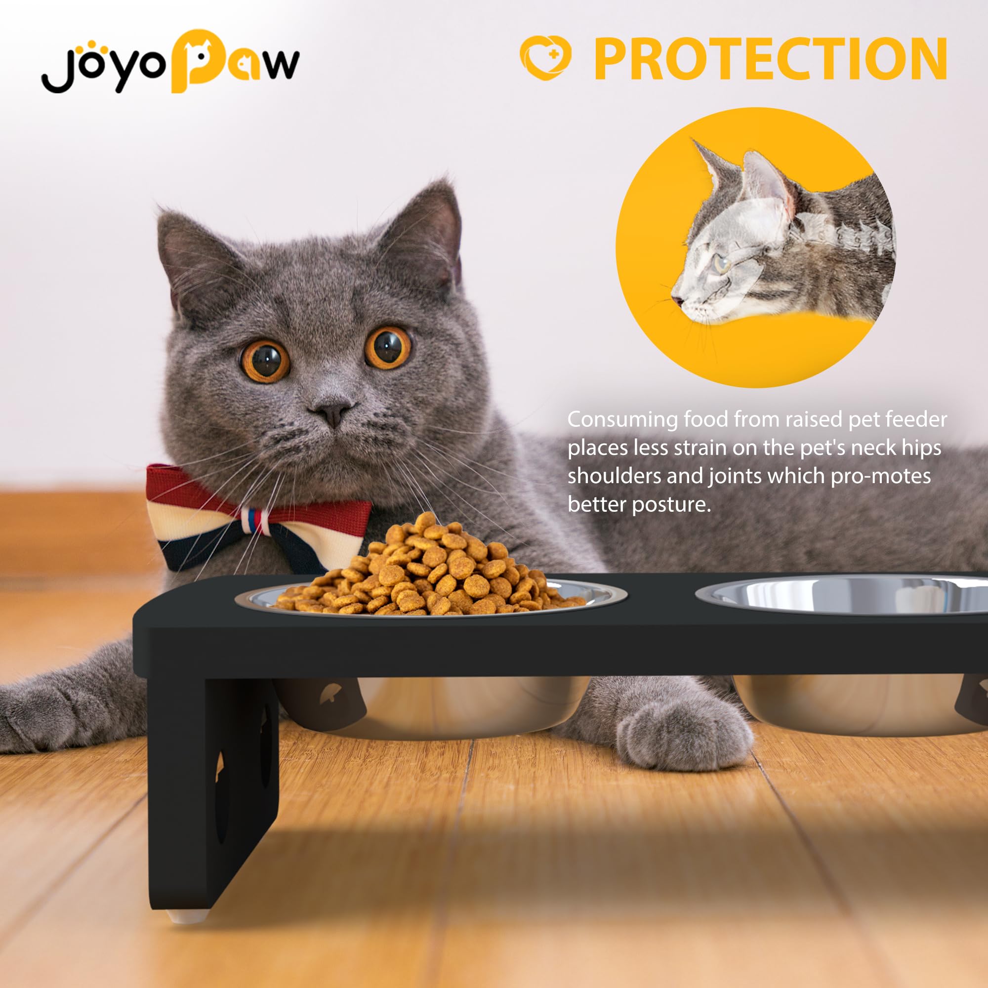 Elevated Dog Bowls, Bamboo Raised Dog Bowl for Small Dogs & Cats, with 2 Stainless Steel Bowls (4   Tall-20oz Bowl, Black)