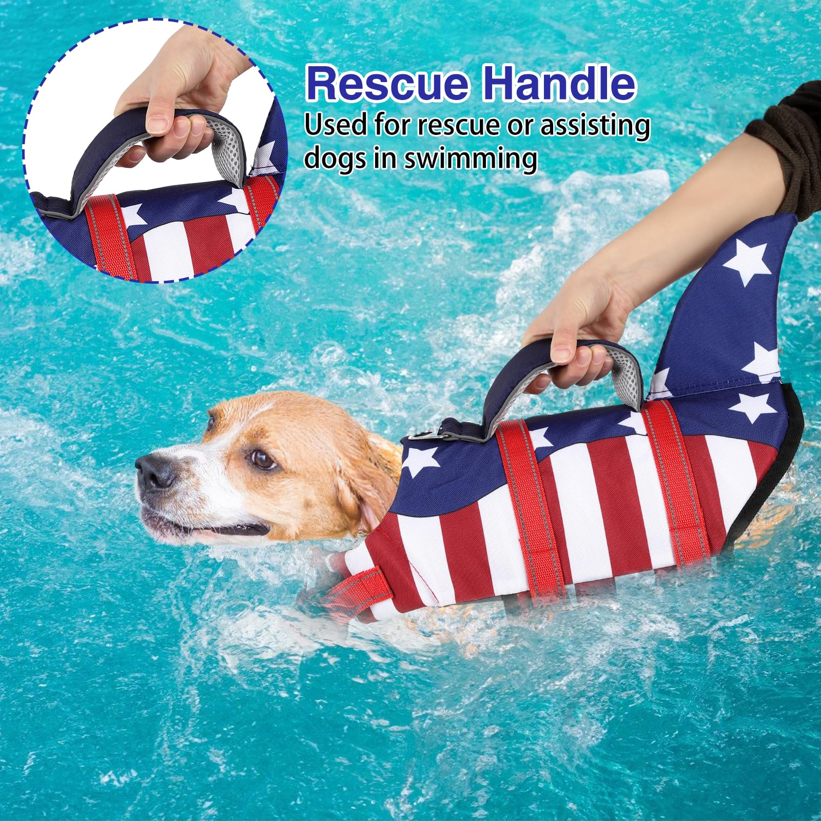Tdtok Dog Life Jacket Shark Fin American Flag Pattern With Rescue Handle And Reflective Stripes, High Buoyancy Life Safety Vest