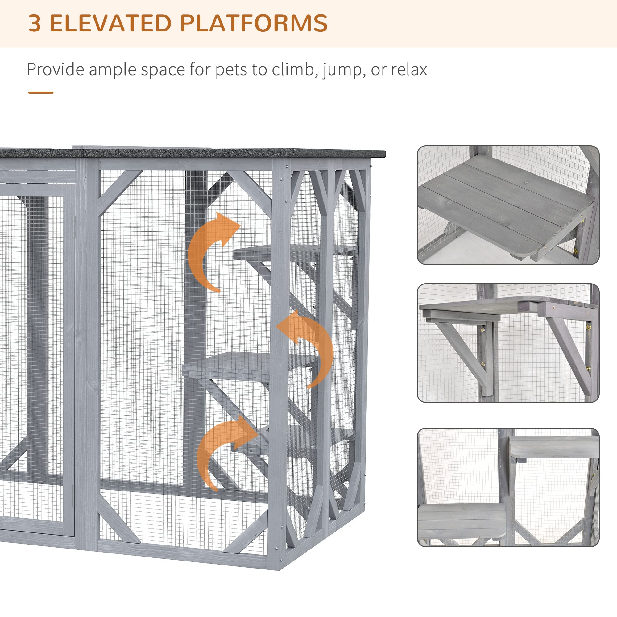 Pawhut Outdoor Cat House, Catio Wooden Feral Cat Shelter, Cat Cage With Platforms, Large Enter Door, Weather Protection Asphalt Roof, 71' L, Gray