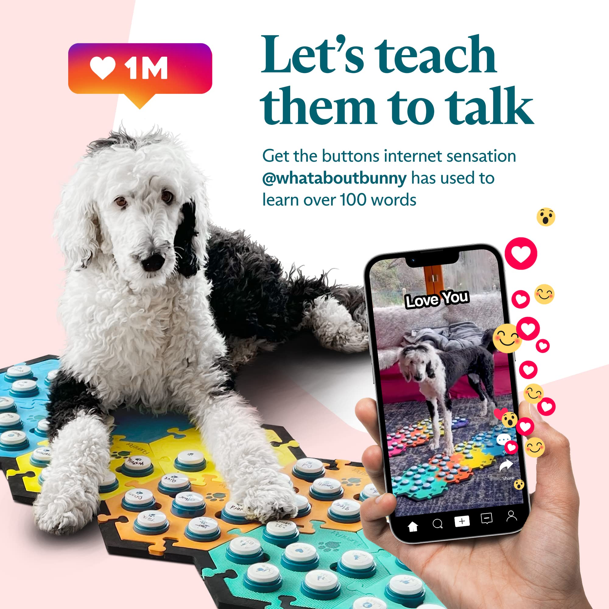 FluentPet Basic Vocab Kit - 12 Recordable Buttons & 6 HexTiles for Dog & Cat Communication - Customizable Talking Button Set