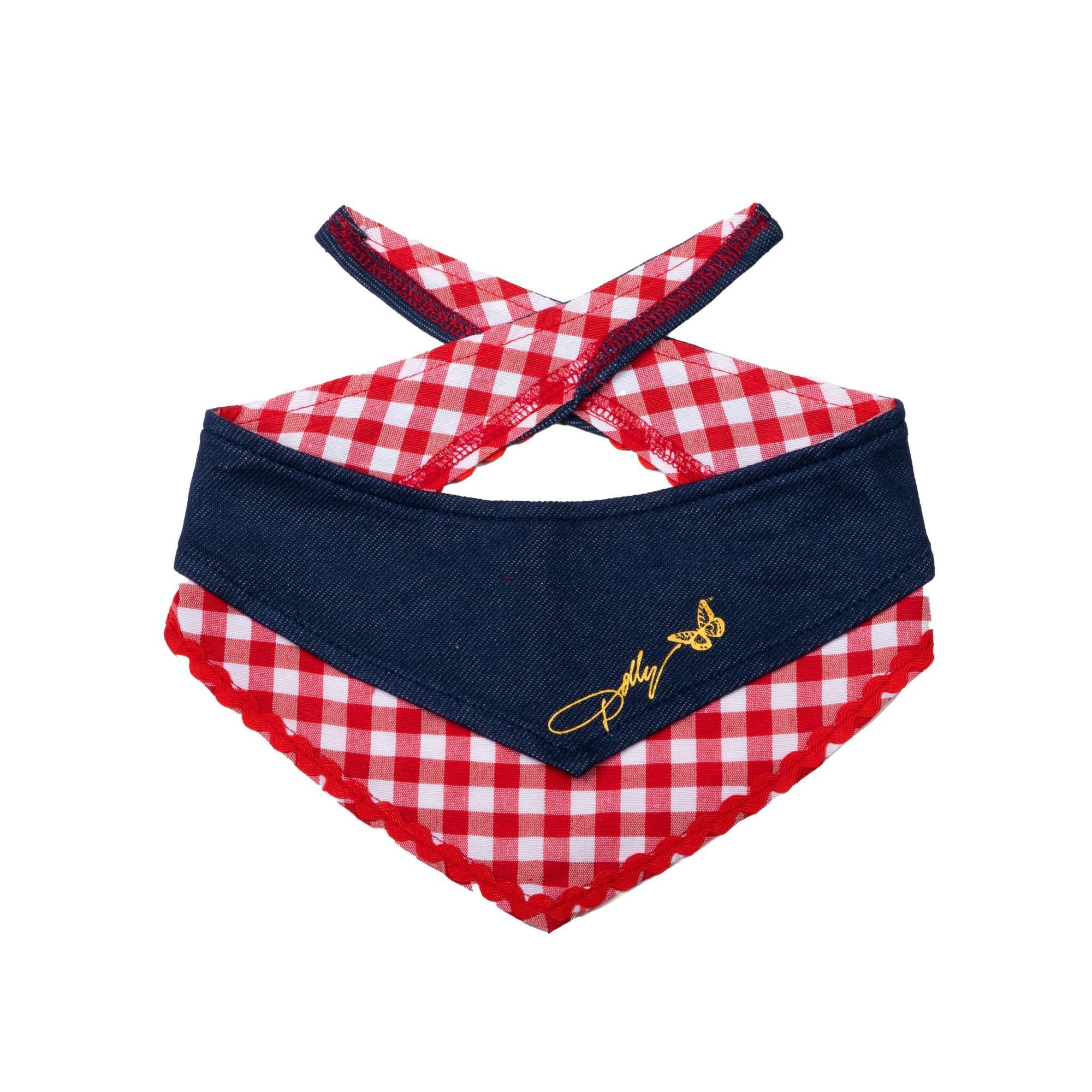 Doggy Parton Blue Printed Denim & Gingham Print Bandana For Pets, X-Small/Small (22120719)