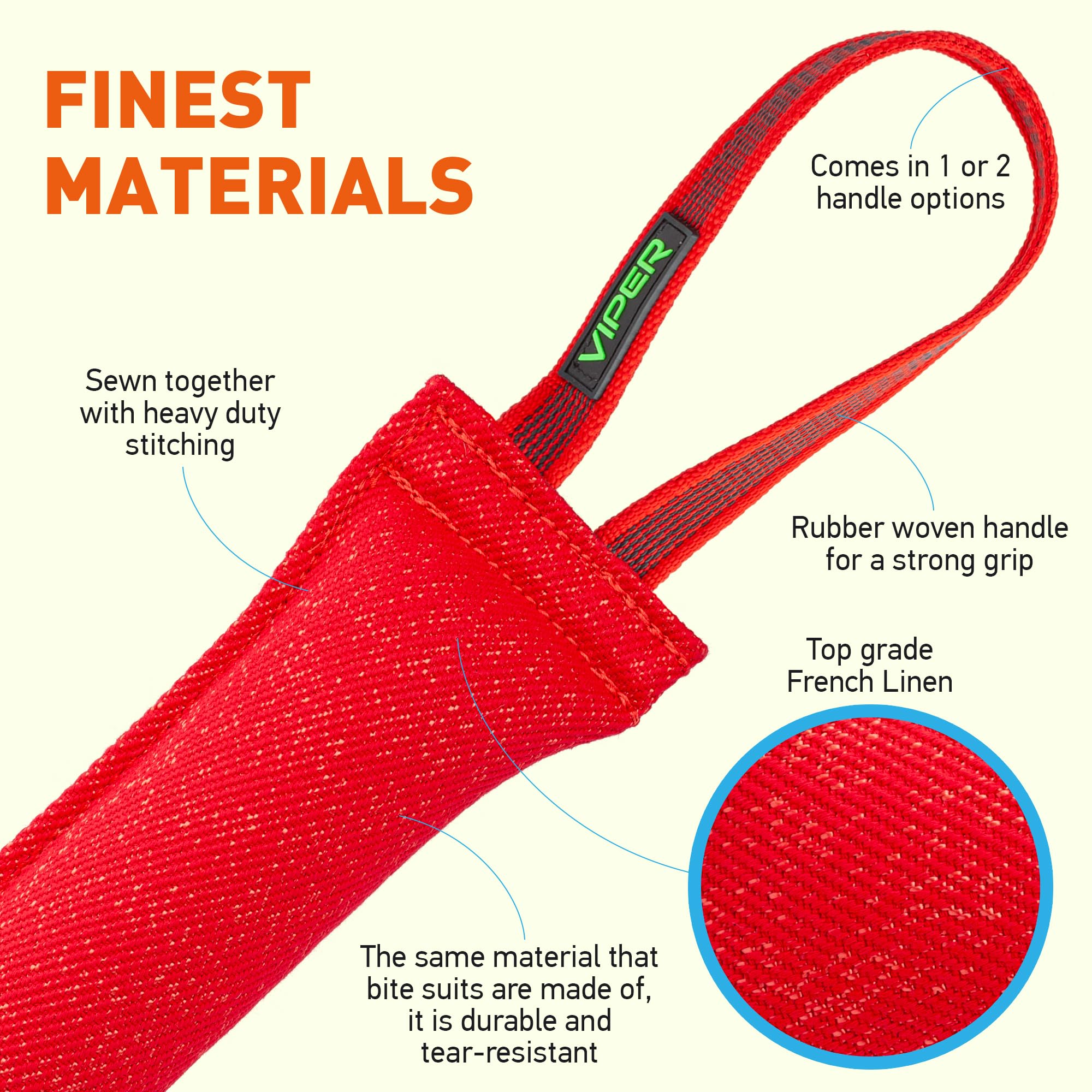 Viper Heavy Duty French Linen Dog Bite Tug Toy - K9 Trainer, Tough And Durable For Dogs Shutzhund Ipo K-9 - Red - 8In L 1.5In W