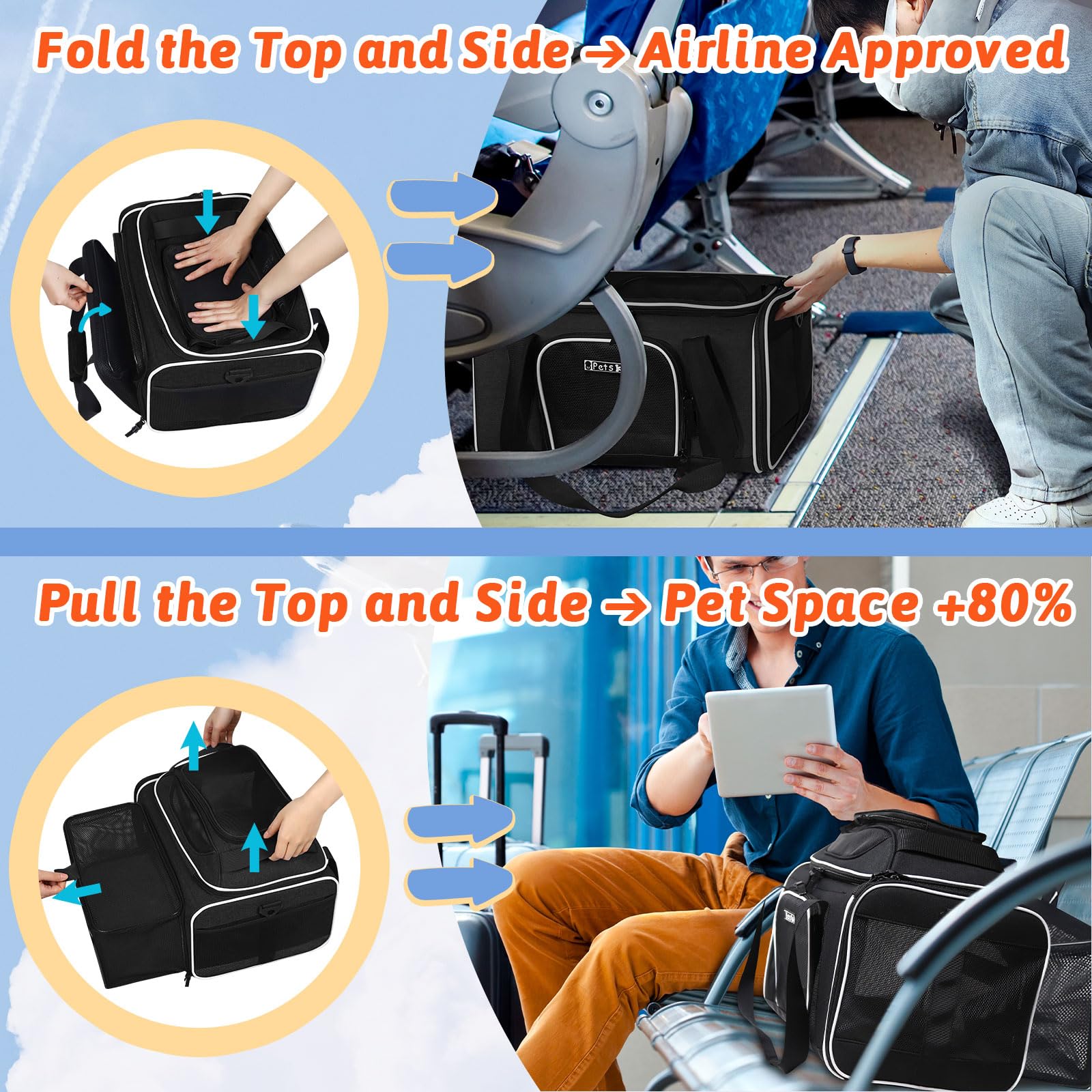 Petskd Top And Side Expandable Pet Carrier 17X12X8.5 Inches Jetblue Frontier Spirit Airline Approved, Soft-Sided Carrier For Small Cats And Dogs With Locking Safety Zipper And Anti-Scratch Mesh(Black)