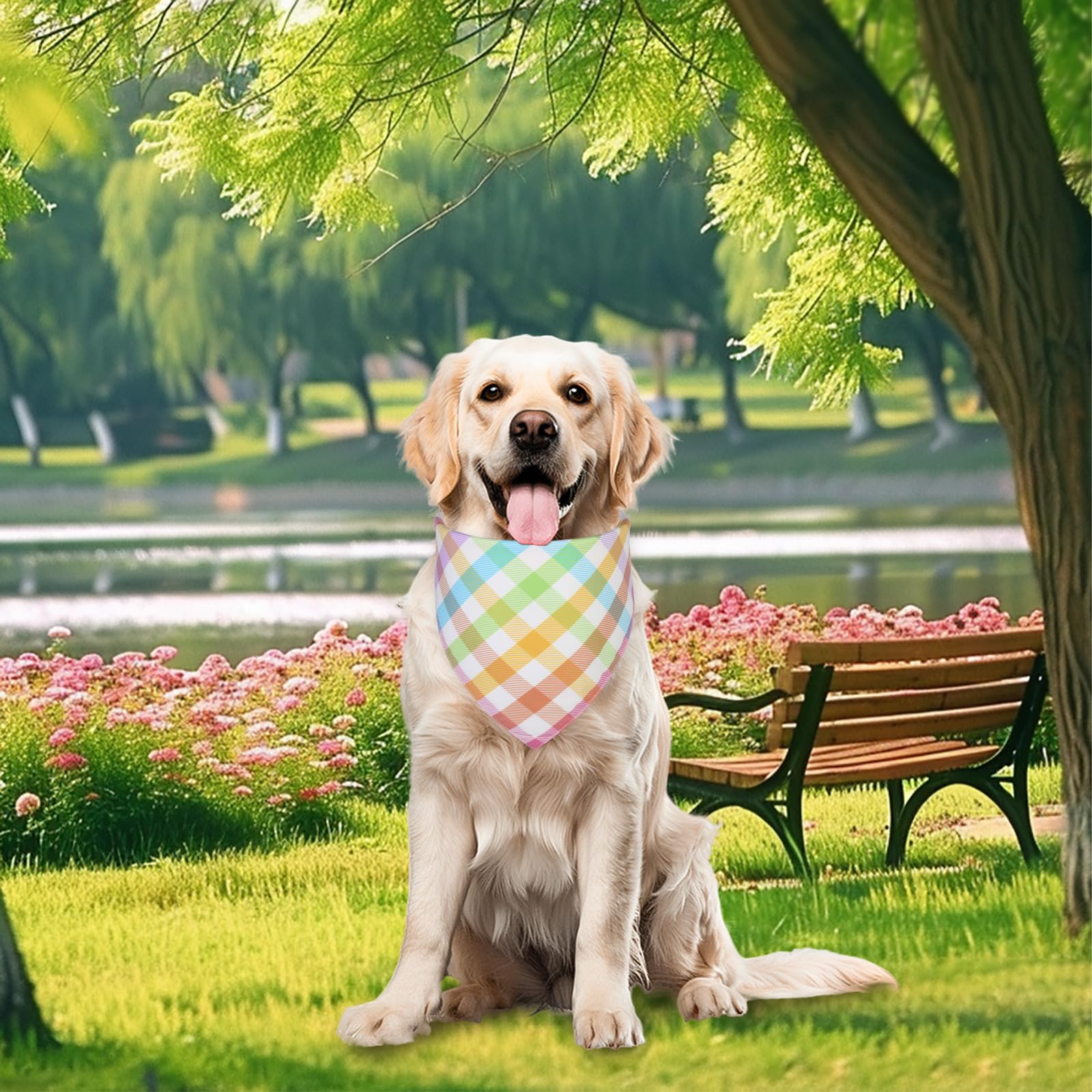 Ququle Spring Dog Bandana Xlarge 1Pcs, Colorful Plaid Dog Bandana, Easter Scarf For Boy And Girl, Summer Durable Triangle Revers