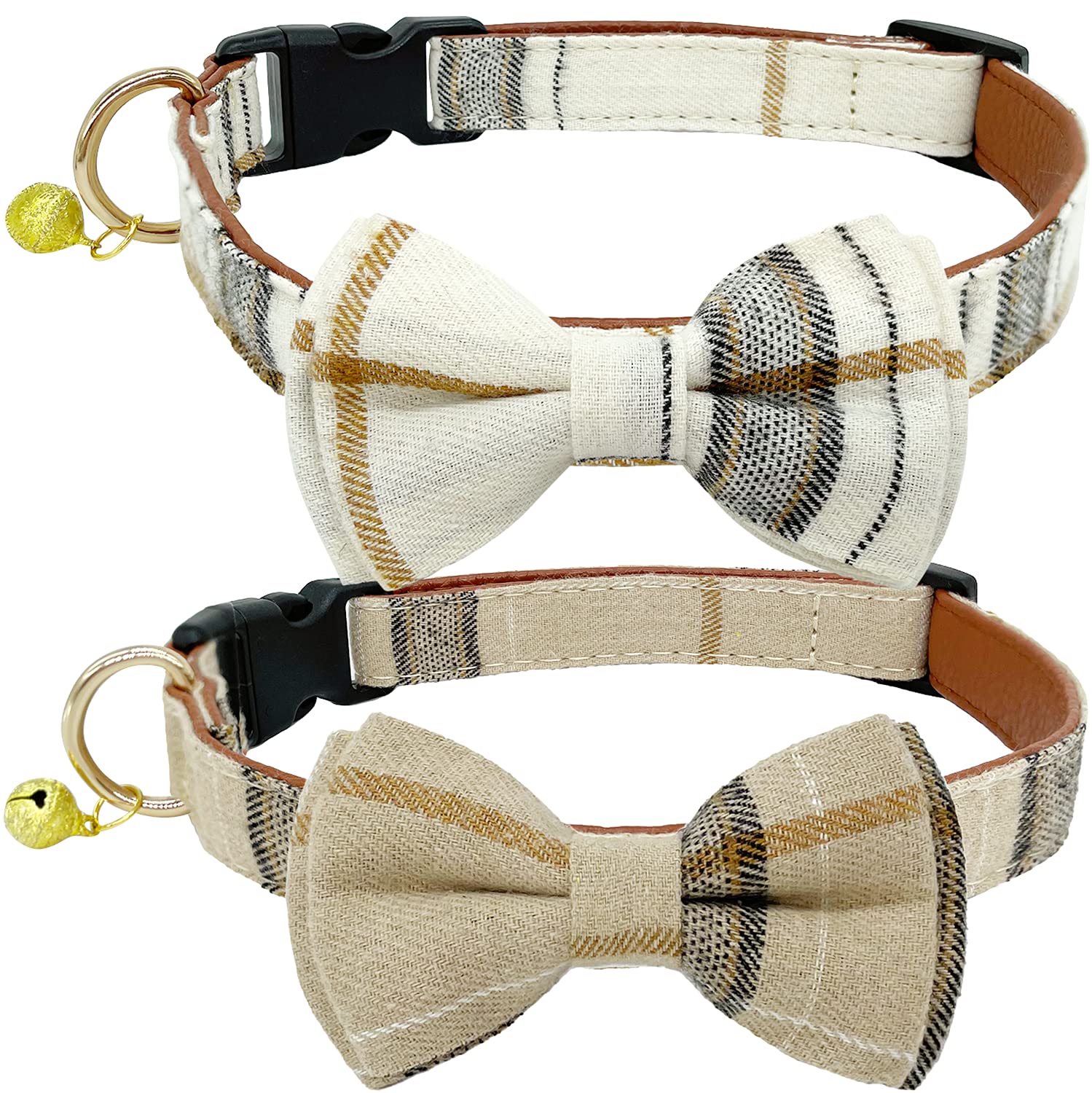 Kudes 2 Pack/Set Dog Collars With Bow Tie And Bells, Adjustable Cute Dog Bow Ties Collar For Small/Medium/Large Boys And Girls Pets (Beige & Brown, M(11.8''-17.8''))