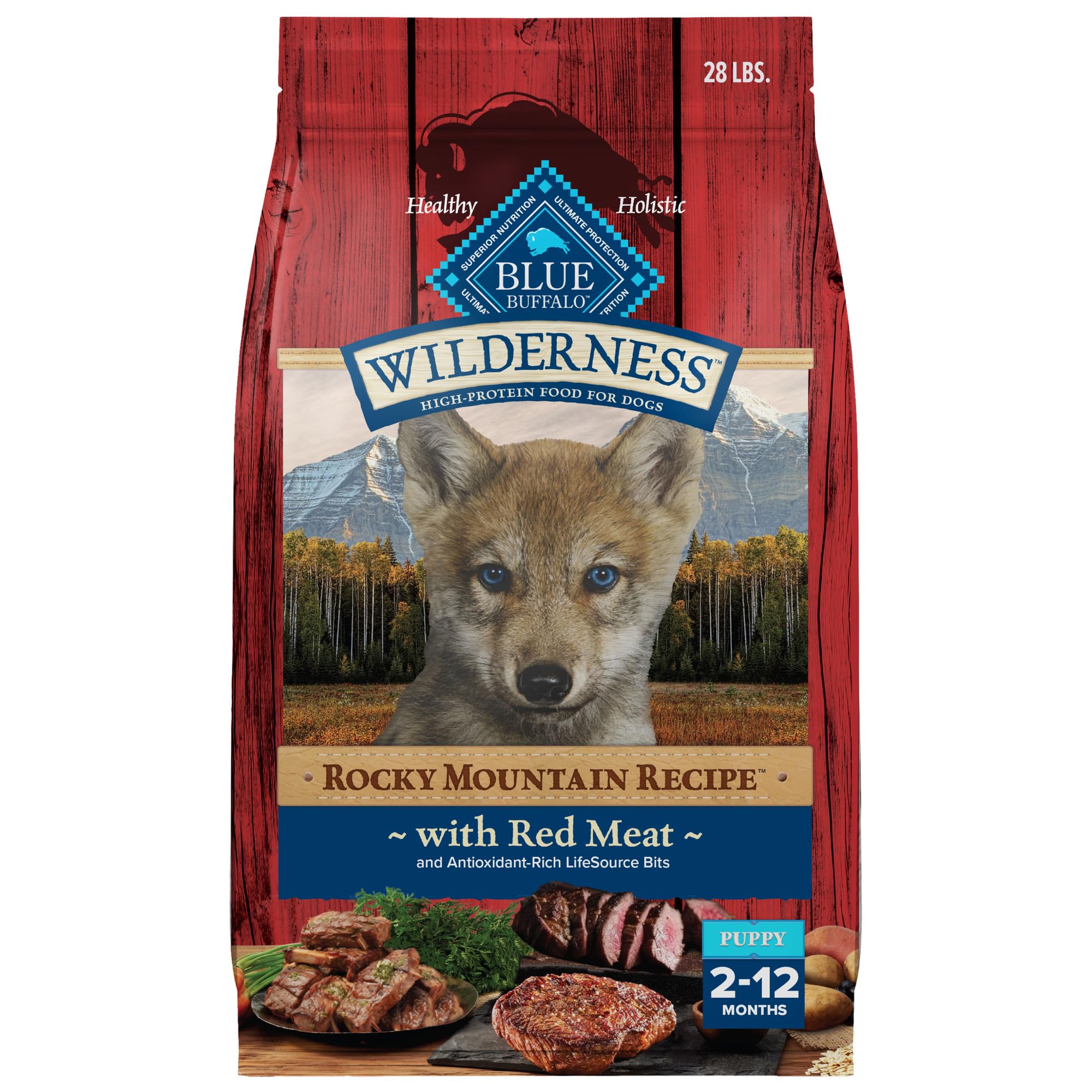 Blue Buffalo Wilderness High-Protein Rocky Mountain Recipe Dry Food for Puppies, Red Meat & Grains, 4.5-lb. Bag
