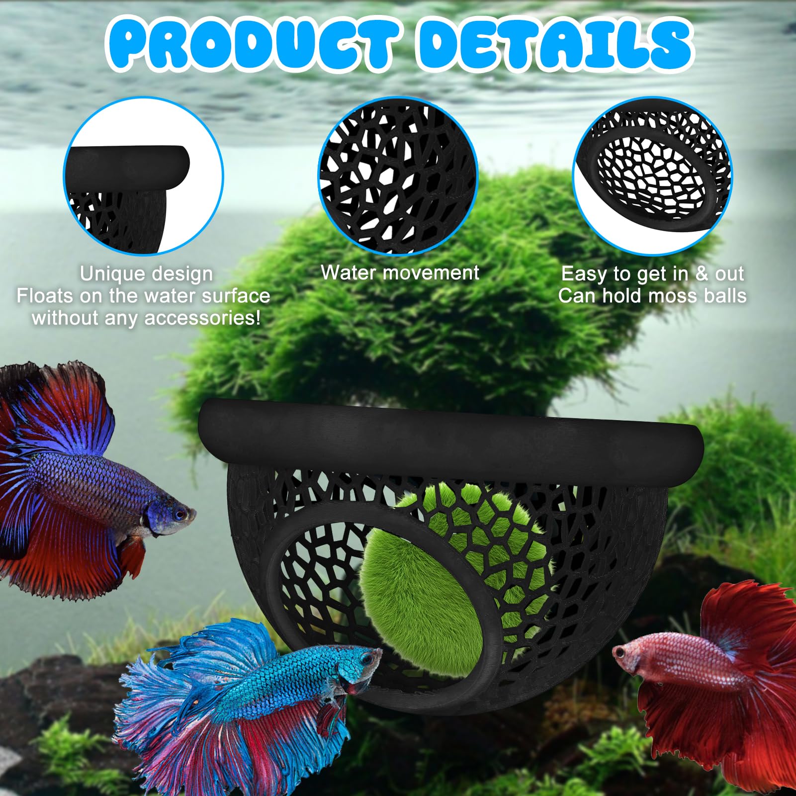 Floating Betta Hide & Shrimp Cave - 3D Printed Aquarium Decor, Multi-Functional Hammock, Feeding Ring & Safe Resting Spot for Be