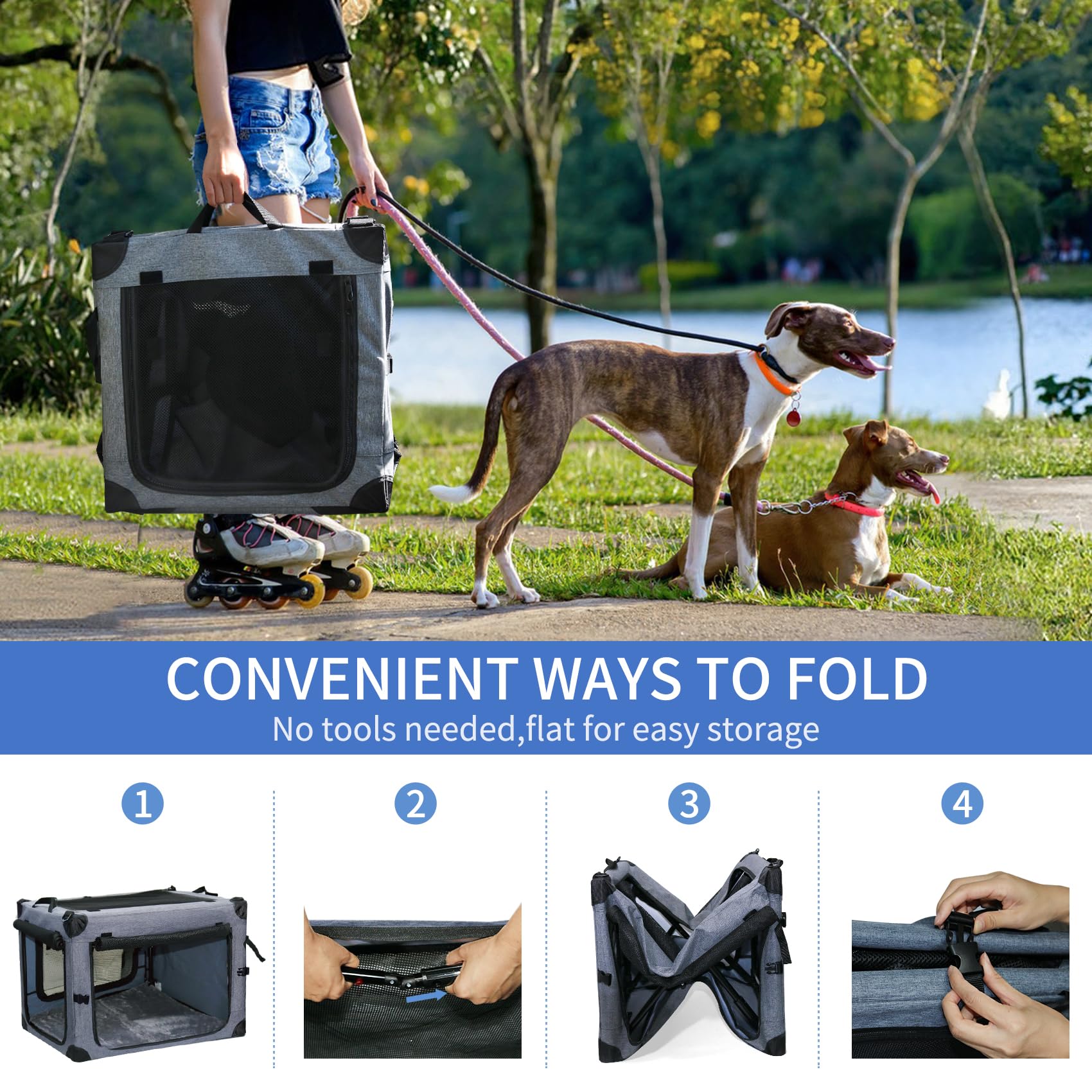 Nezuc Soft Collapsible Dog Crate - 36 Inch Portable Soft Sided Travel Dog Crates For Large Dogs, 4-Door Foldable Dog Carrier, Pe