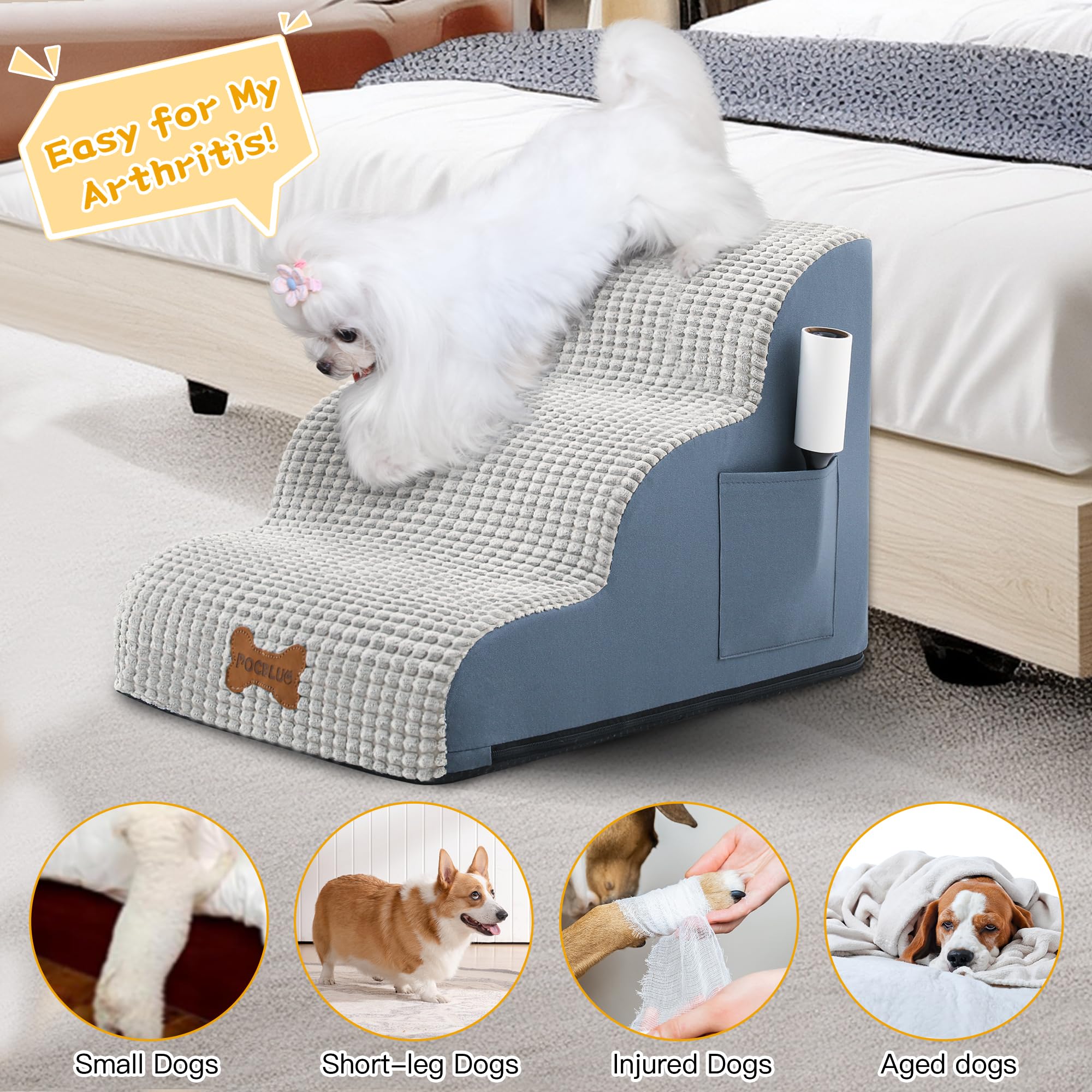 Pocblue Dog Stairs For Small Dogs 19.7'' H, 4-Step Wide Pet Step For High Bed Or Couch, Curved Pet Ramps For Cats With High-Dens