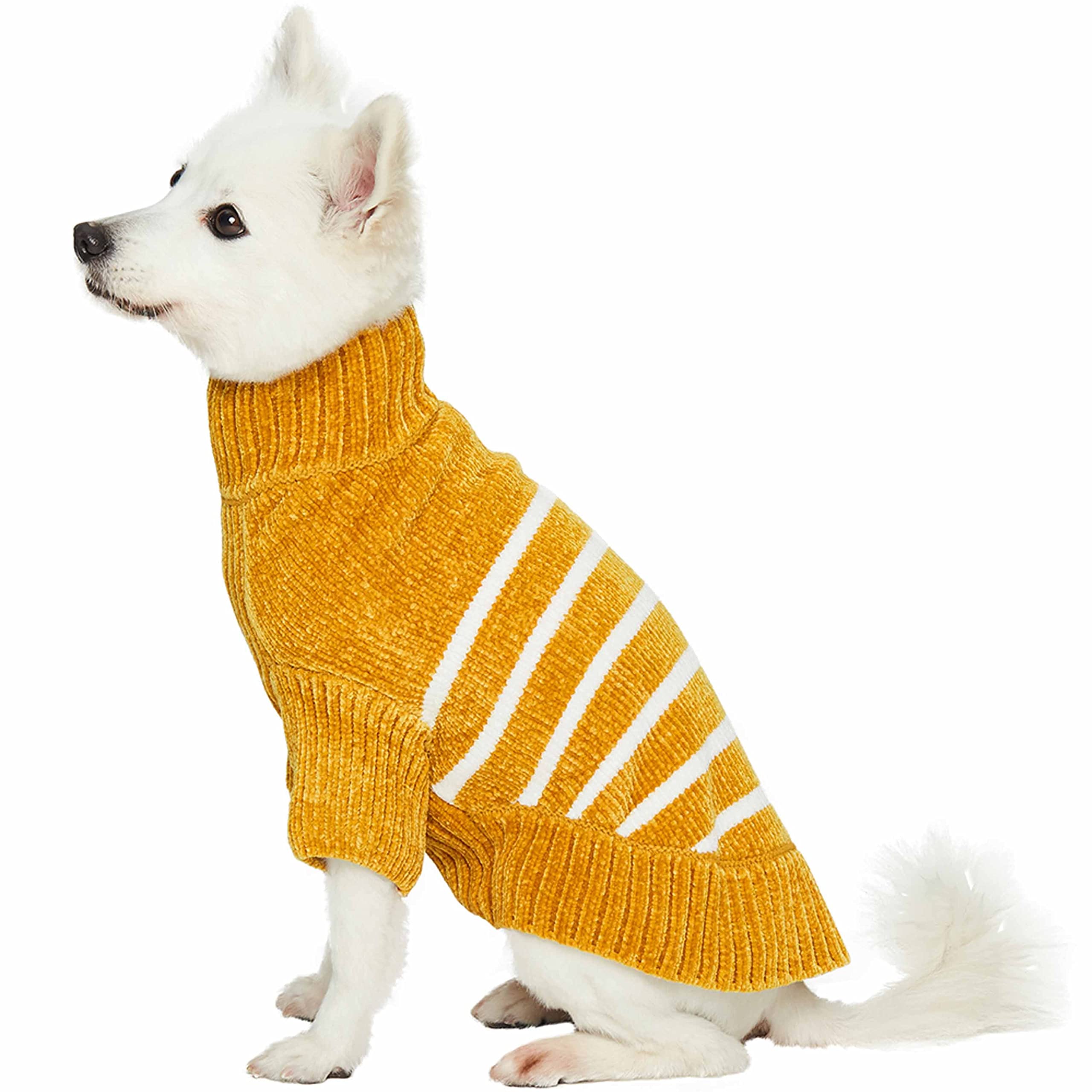 Blueberry Pet Cozy Soft Chenille Classy Striped Dog Sweater In Mustard, Back Length 20', Pack Of 1 Clothes For Dogs
