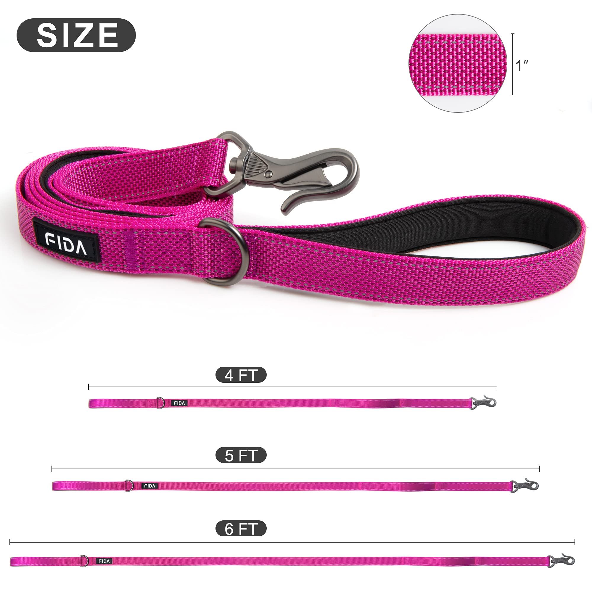 Fida 6 Ft Heavy Duty Dog Leash With 2 Comfortable Padded Handles, Traffic Handle & Advanced Easy Snap Hook, Reflective Walking Lead For Large, Medium & Small Breed Dogs, Rose