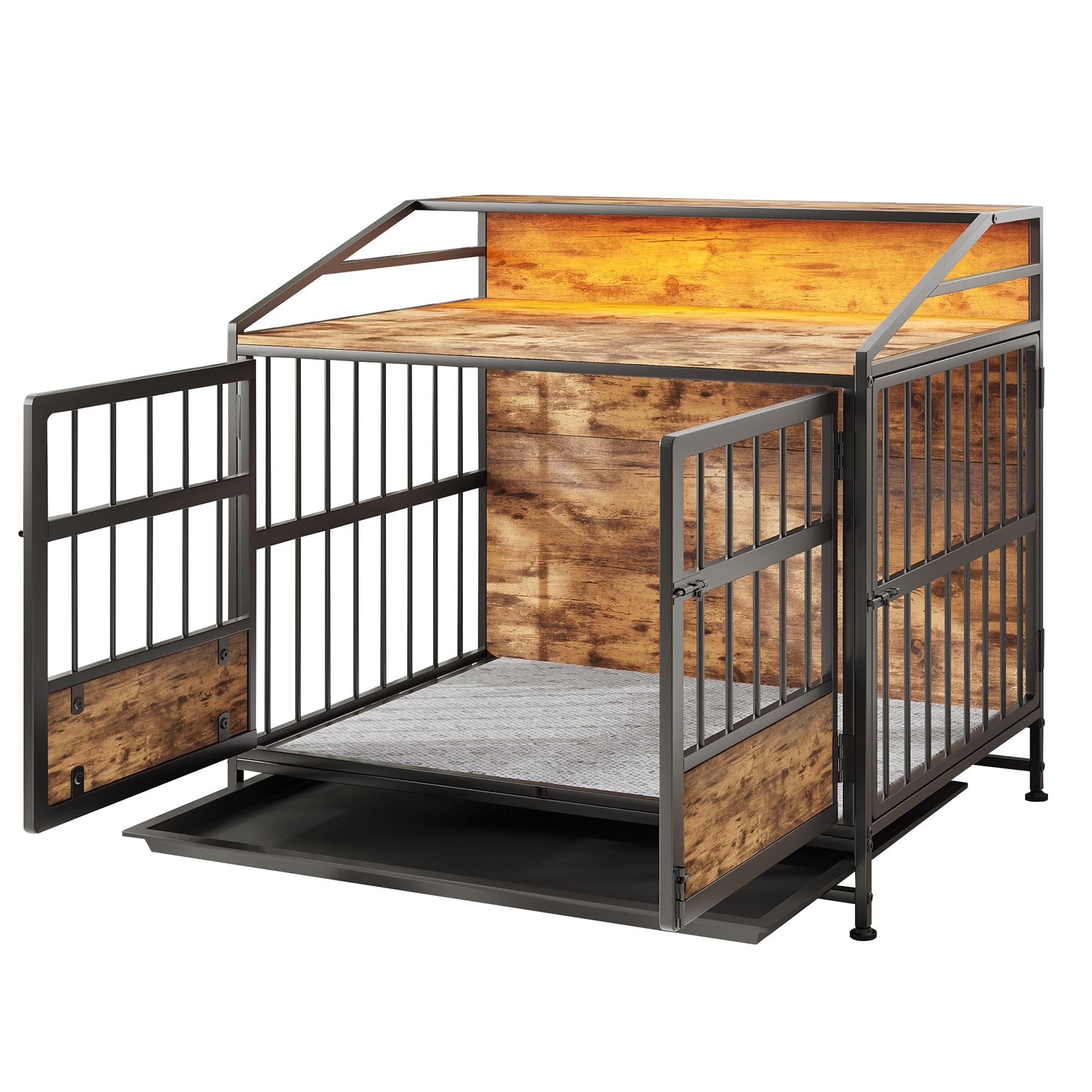Maliacife Dog Crate Furniture with Led Lights,Heavy Duty Wooden Dog Kennel with Double Doors,Dog House Indoor for Small Medium D