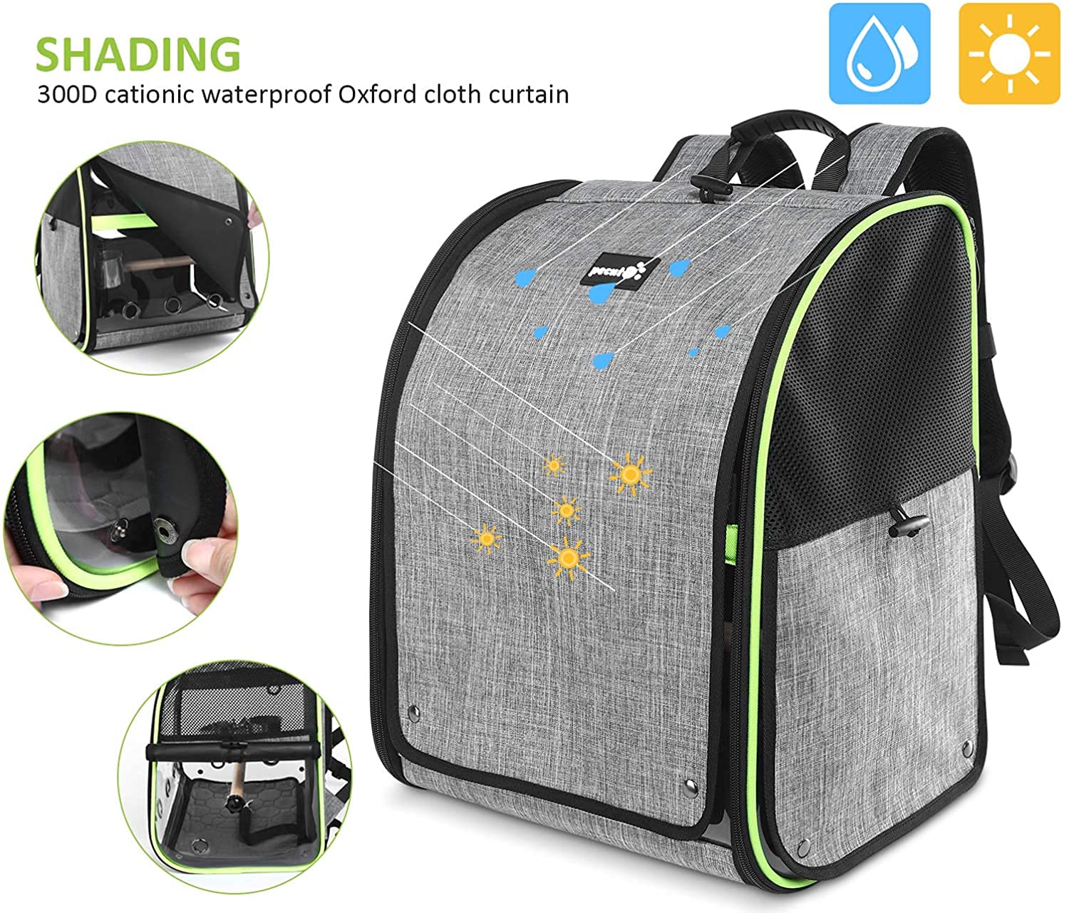 Pecute Bird Carrier Backpack, Parrots Bird Backpack with Visible Window, Adjustable Height Standing Perch, Feeding Cans, Waterpr