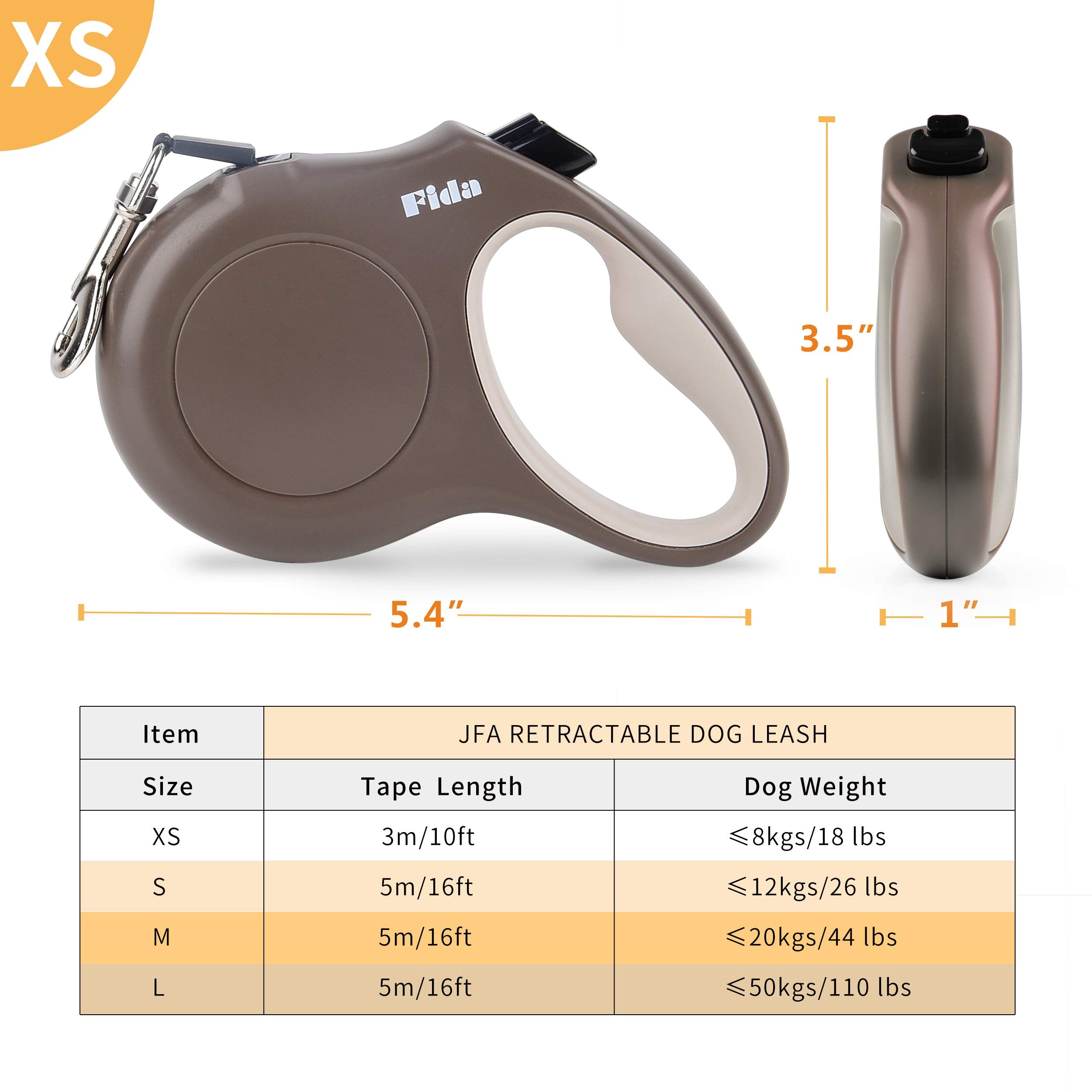 Fida Retractable Dog Leash X-Small Breed, 10 Ft Durable Pet Walking Leash For Extra Small Dogs/Cats/Small Animals Up To 18Lbs, 360?Tangle Free, Coffee/Brown