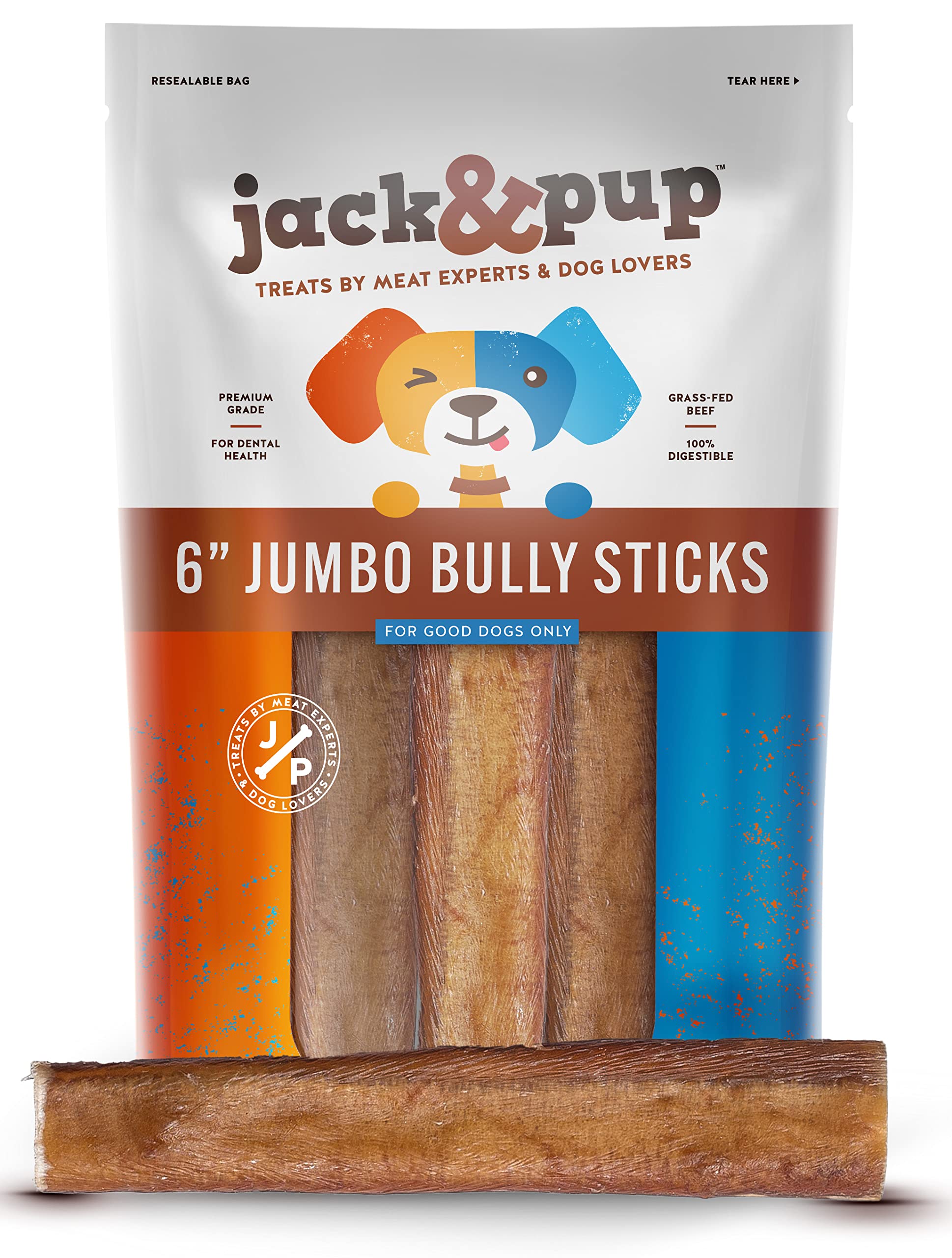 Jack&Pup 6 Inch Dog Bully Sticks for Medium Dogs | Jumbo Bully Sticks for Large Dogs Aggressive Chewers | All Natural Bully Stic