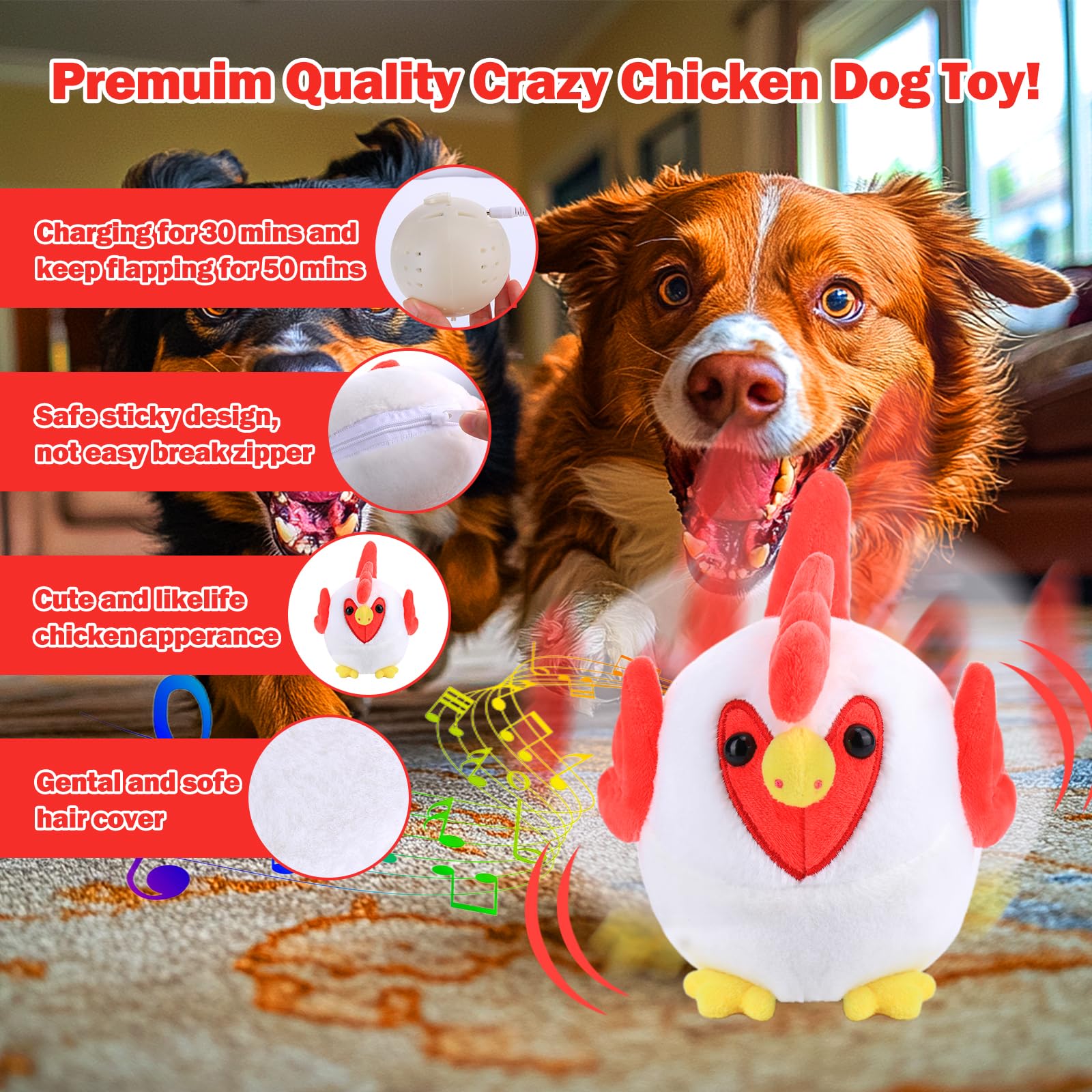 Mity rain Interactive Dog Toy - Crazy Chicken, Rechargeable, Self-Moving Ball for Small/Medium/Large Dogs, Durable Plastic