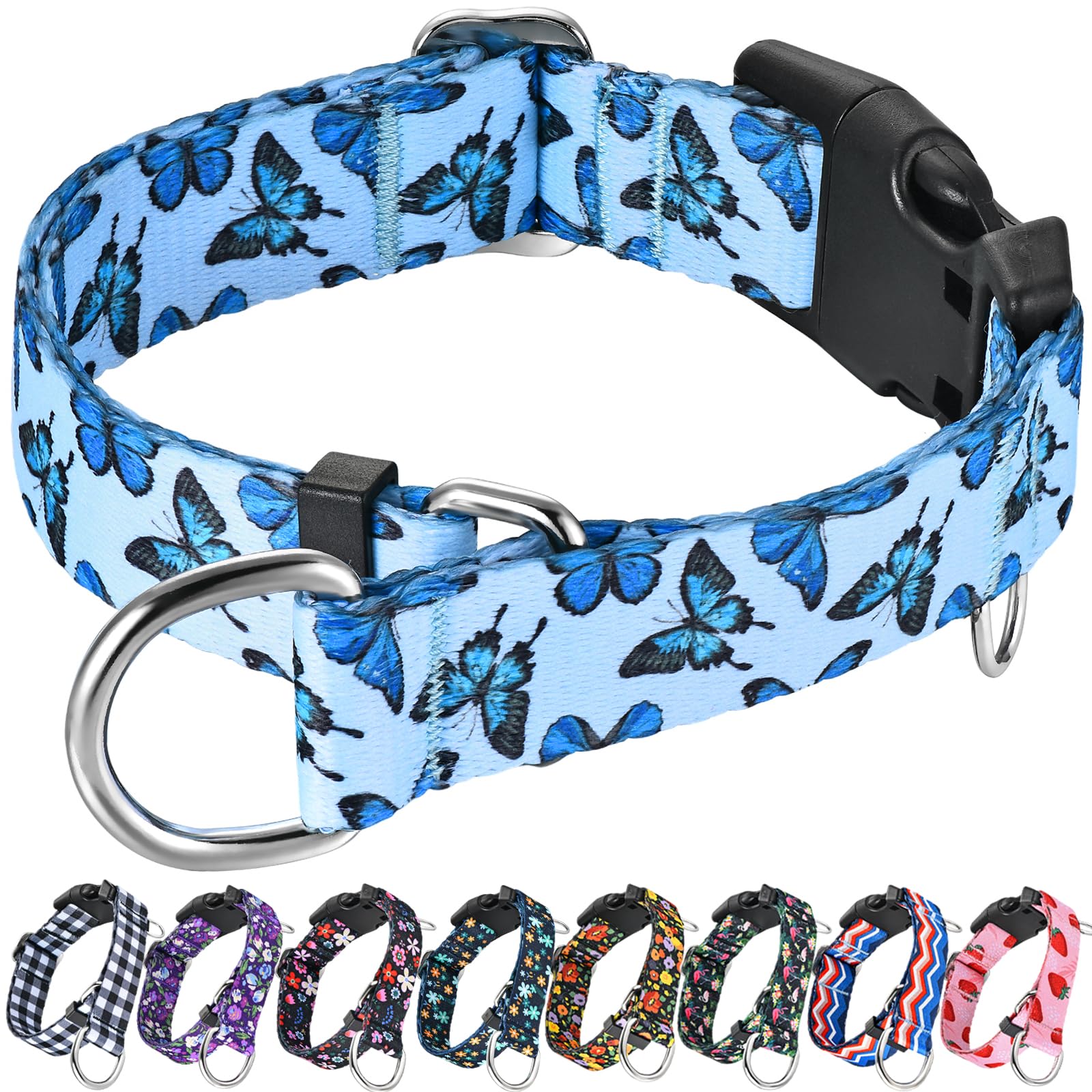 Fidohug Martingale Collar For Dogs With Buckle Cute Girl Adjustable Nylon No Pull Training Dog Collars (Blue Butterfly, Large)