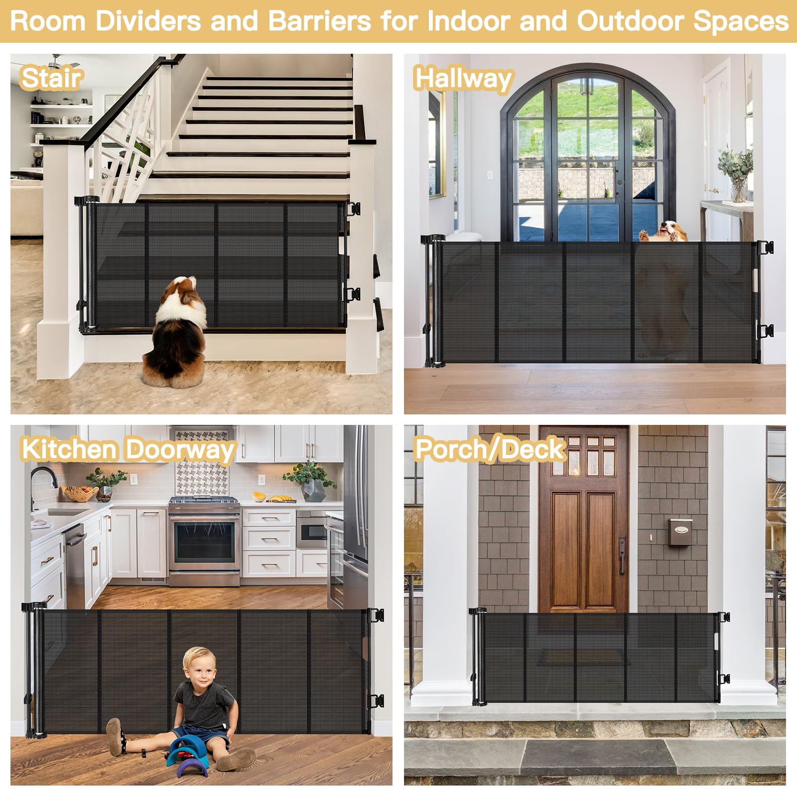 Reinforced 28 Inch Tall Retractable Dog Gate Small Baby Gate - Easy Step Over Dog Gate Short Pet Gate with Support Rods, 55'' Wi