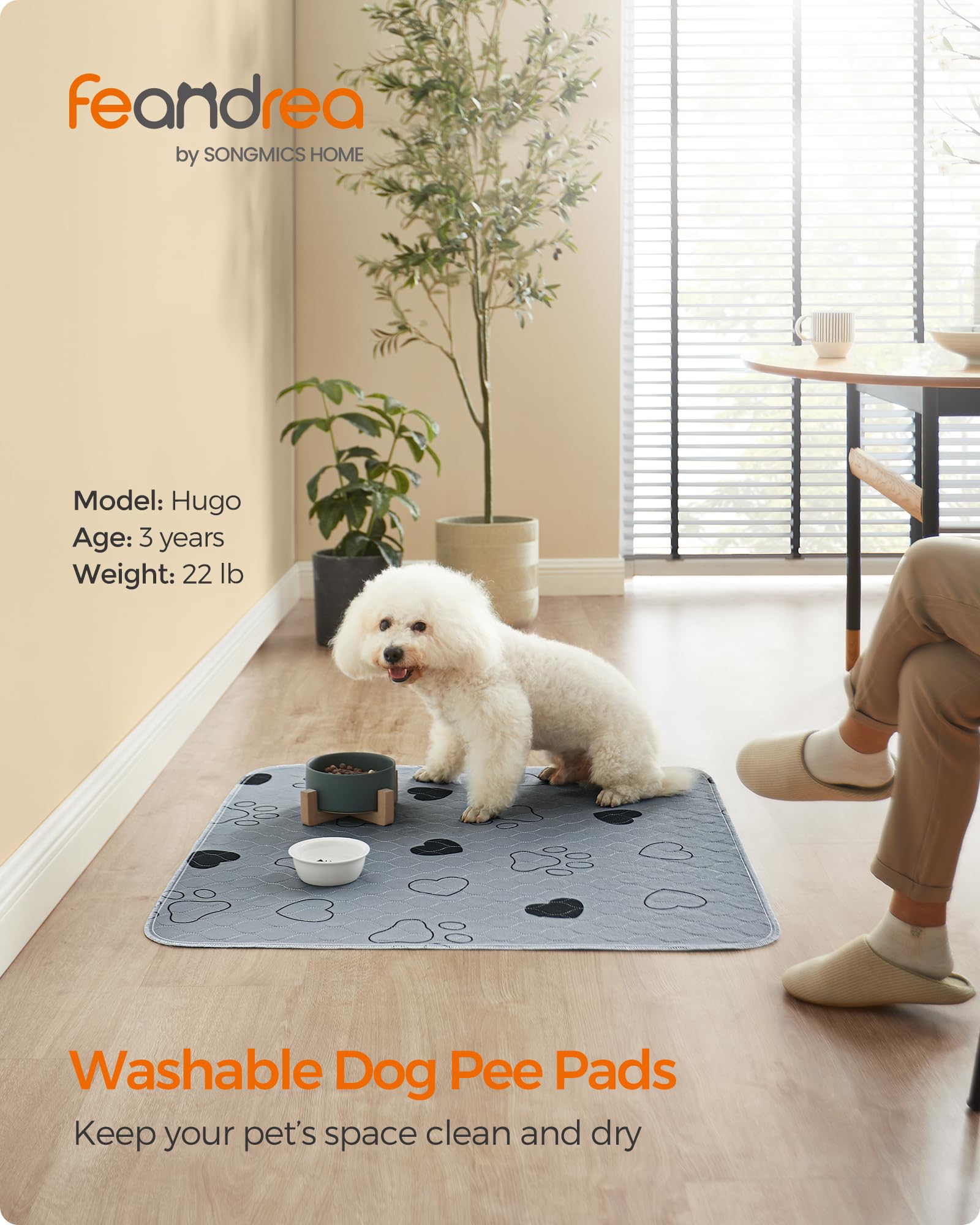 Feandrea Washable Dog Pee Pads, Reusable, 36"x34", Waterproof, Gray, Super Absorbent, Non-Slip, 2 Pack, M