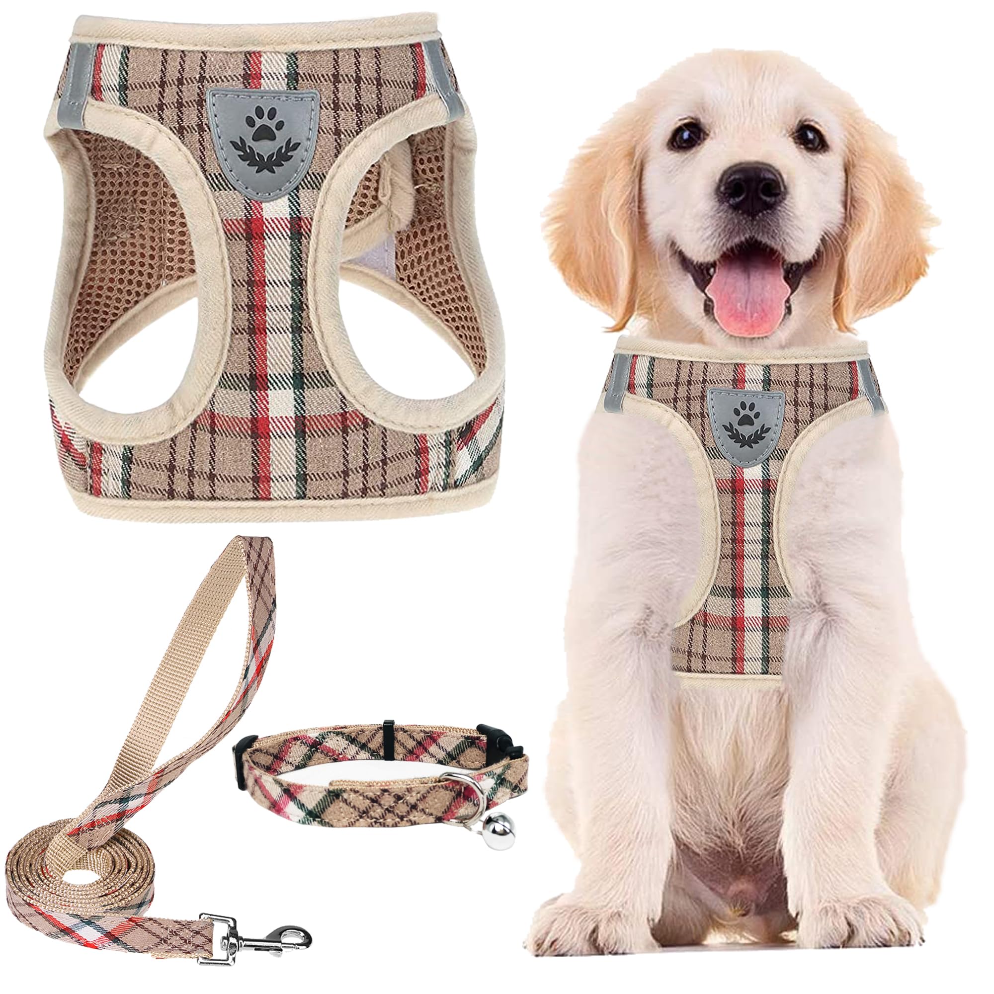 Pupteck Adjustable Dog Harness Collar And Leash Set Step In No Pull Pet Harness For Small Medium Dogs Puppy And Cats Outdoor Walking Running, Soft Mesh Padded Reflective Vest Harnesses, Khaki L