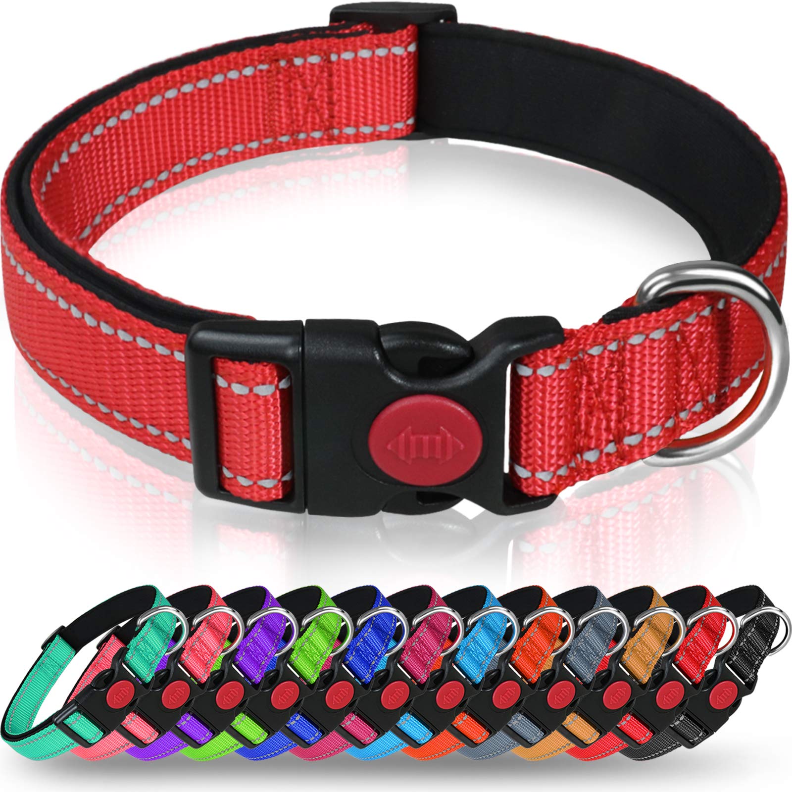 Taglory Reflective Dog Collar With Safety Locking Buckle, Adjustable Nylon Pet Collars For Large Dogs Female Male, Red, L