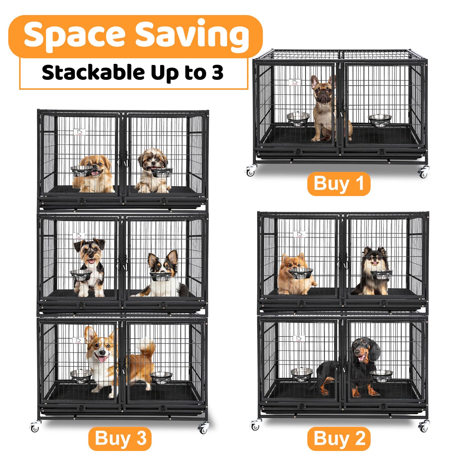Homey Pet 43 Inch Metal Open Top Stackable Heavy Duty Dog Cage Kennel with Three Door, Metal Floor Grid, Tray, Wheels, Divider a