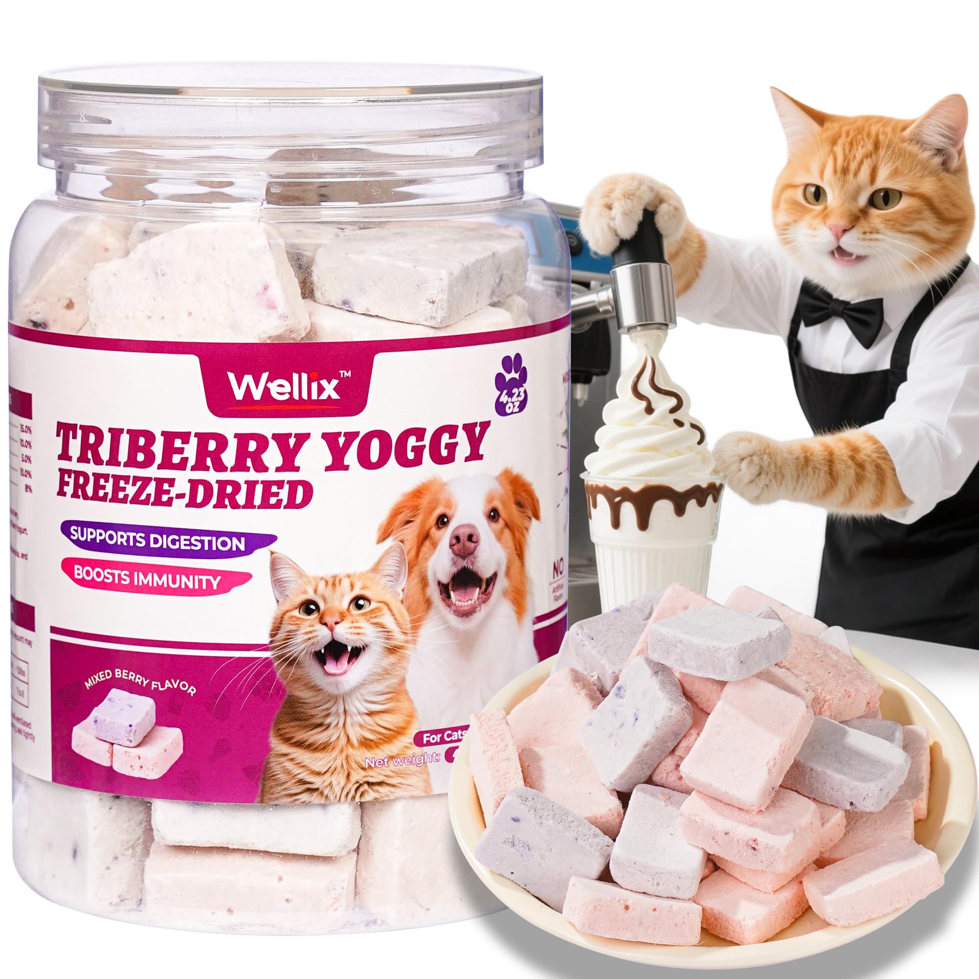 Wellix Freeze-Dried Cat Treats for Dog&Cat - Triberry Cat&Dog Yogurt Treats with Chicken Flavor Fruits - Probiotics Digestive&Im