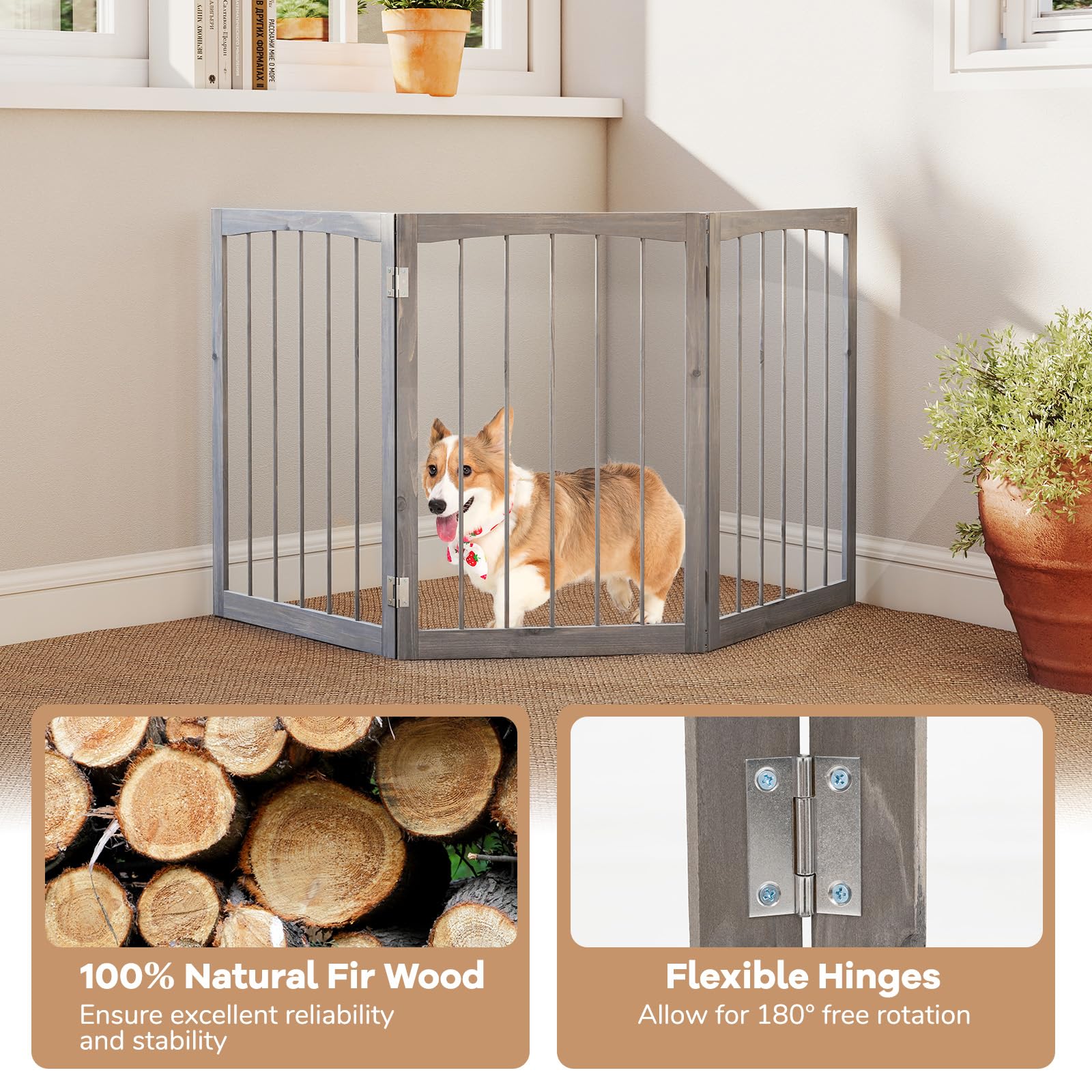 Giantex Freestanding Dog Gate for Small Medium Dogs, 63 W x 30 H Foldable 3-Panel Wooden Pet Gate, No Assembly Required, Indoor