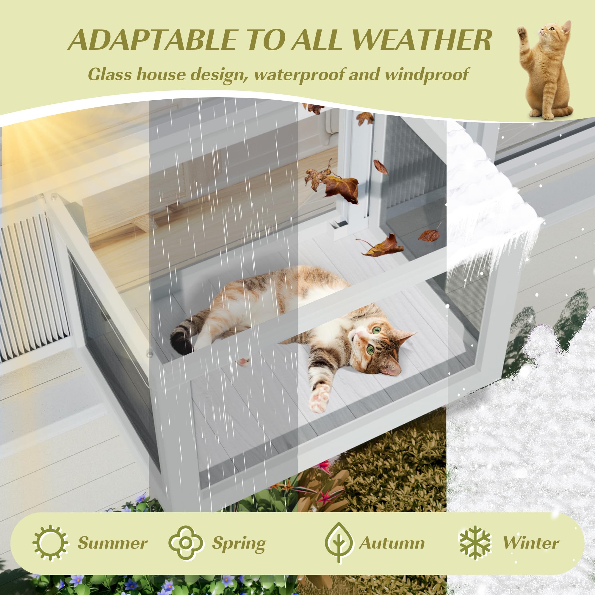 Dephet Cat Window Box - Outdoor Catio Enclosure Perch, Mosquito-Proof, Fits 25.2"-43" W, White, Fir Wood, Model 1PS9811