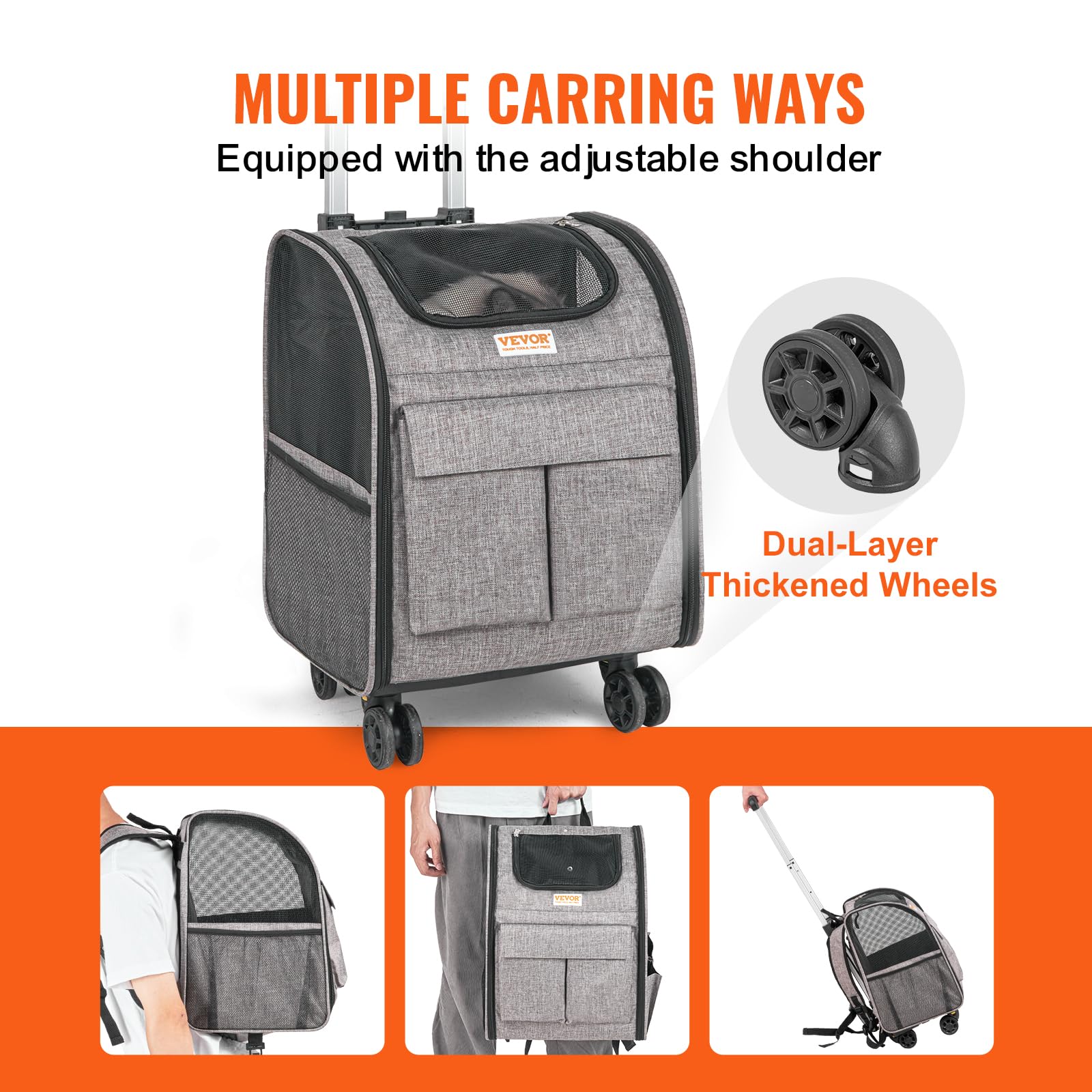 Vevor Dog Backpack Carrier With Wheels, Rolling Cat Carrier Backpacks, Wheeled Pet Carrier Backpack For Small Dogs And Medium Cats Under 18Lbs With Detachable Trolley And Upgraded Wheels, Grey